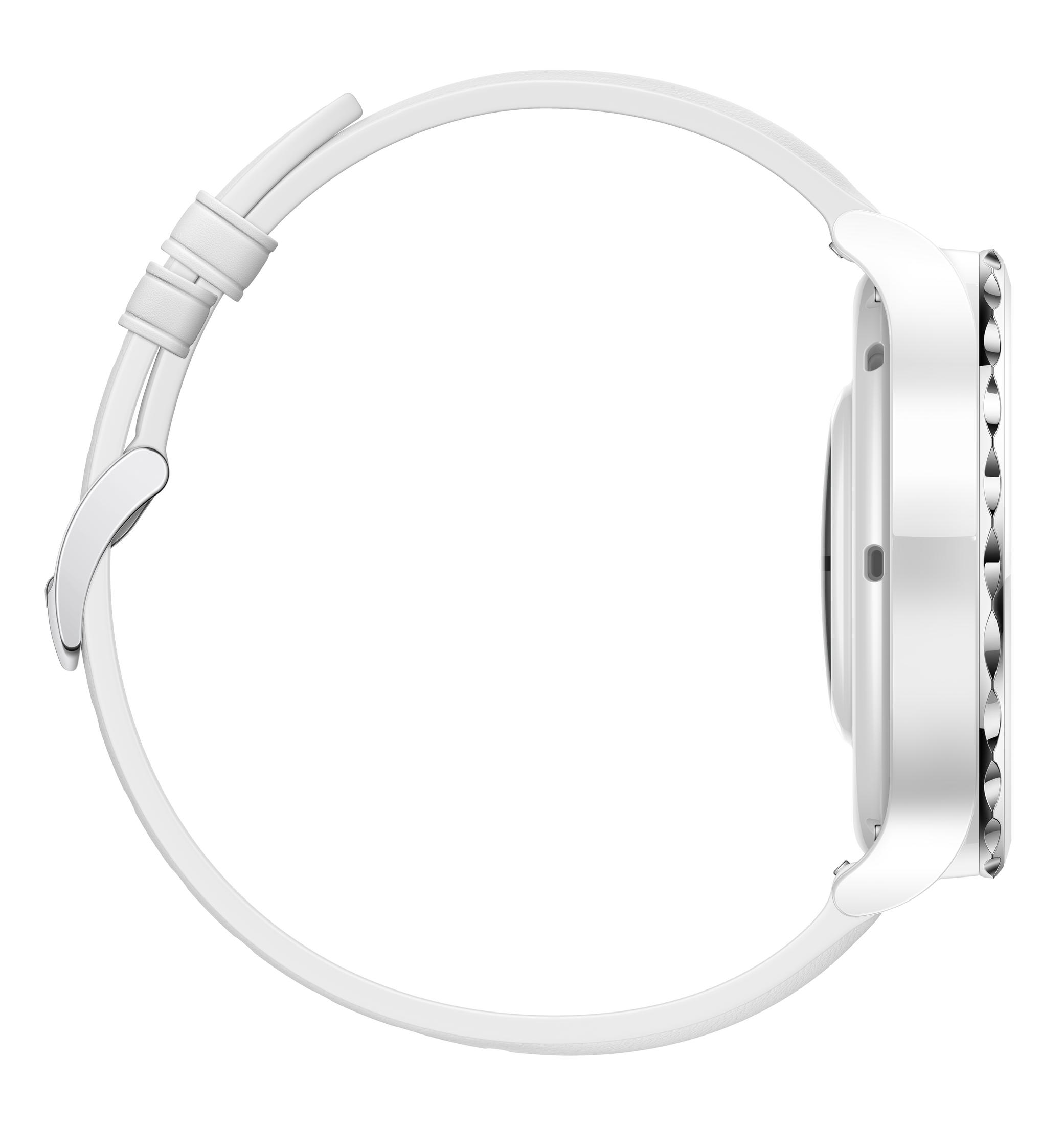 Eine weiße Smartwatch mit silbernen Akzenten und einem weißen Armband auf weißem Hintergrund.