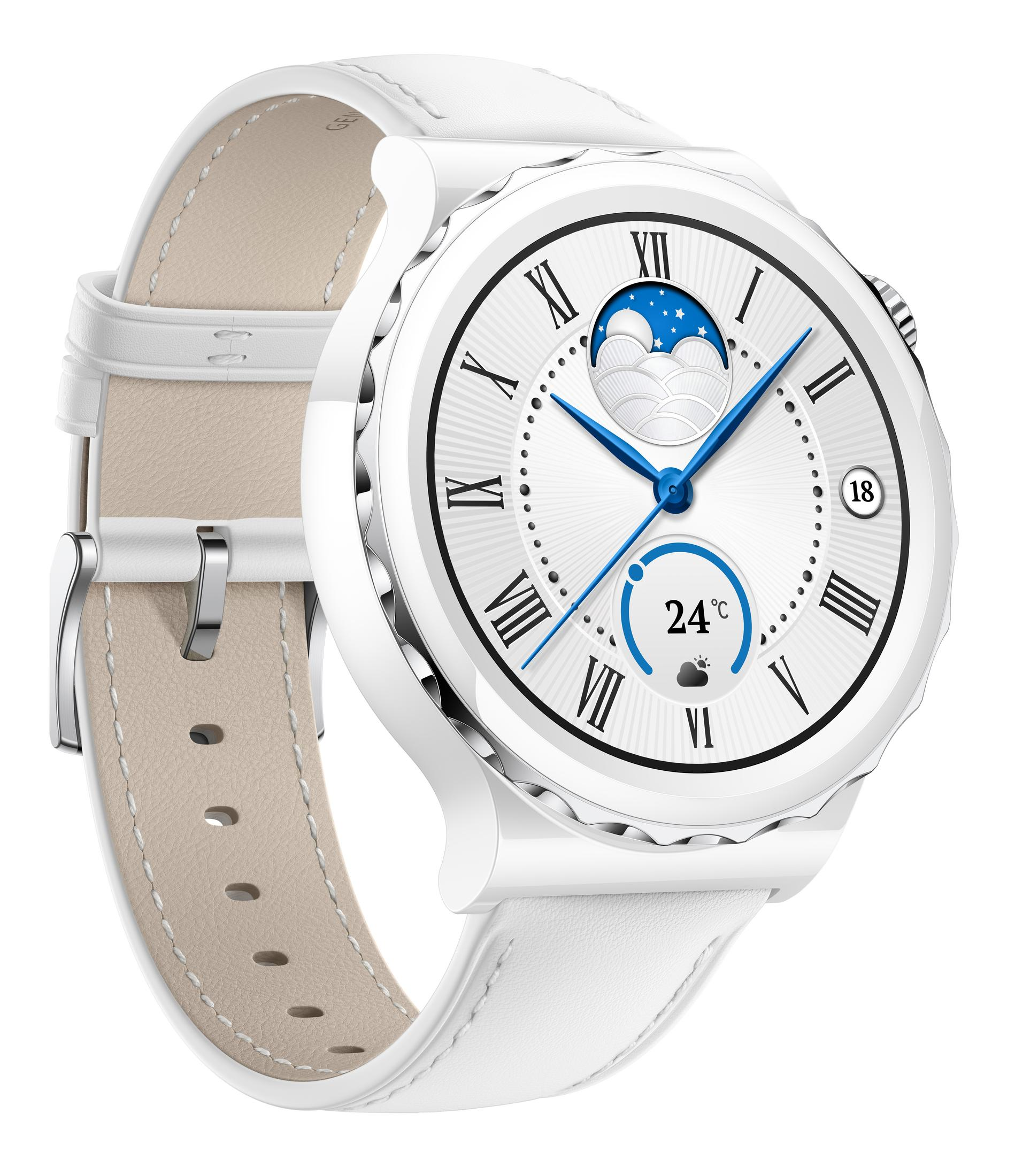 Weiße Smartwatch mit weißem Lederarmband und Mondphasenanzeige.