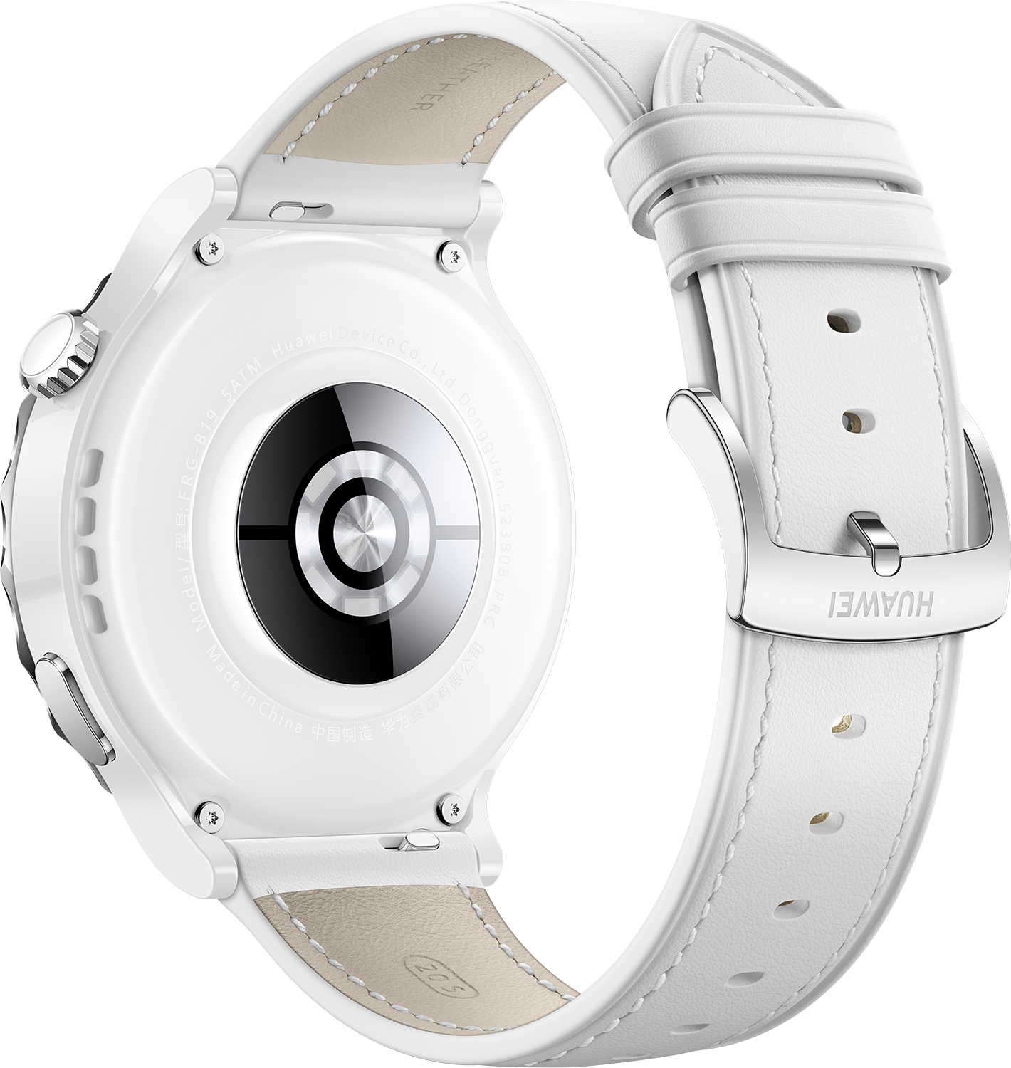 Weiße Smartwatch mit Lederarmband und silberner Schnalle auf schwarzem Hintergrund.
