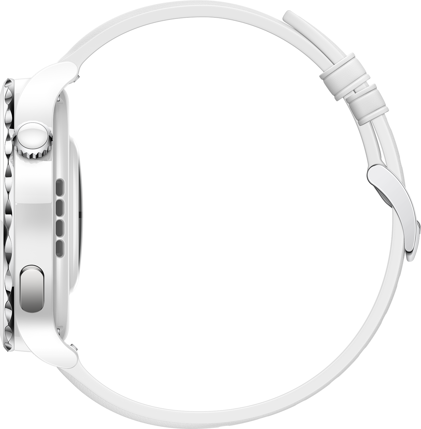 Eine weiße Smartwatch mit silberner Krone und Knöpfen auf grauem Hintergrund.