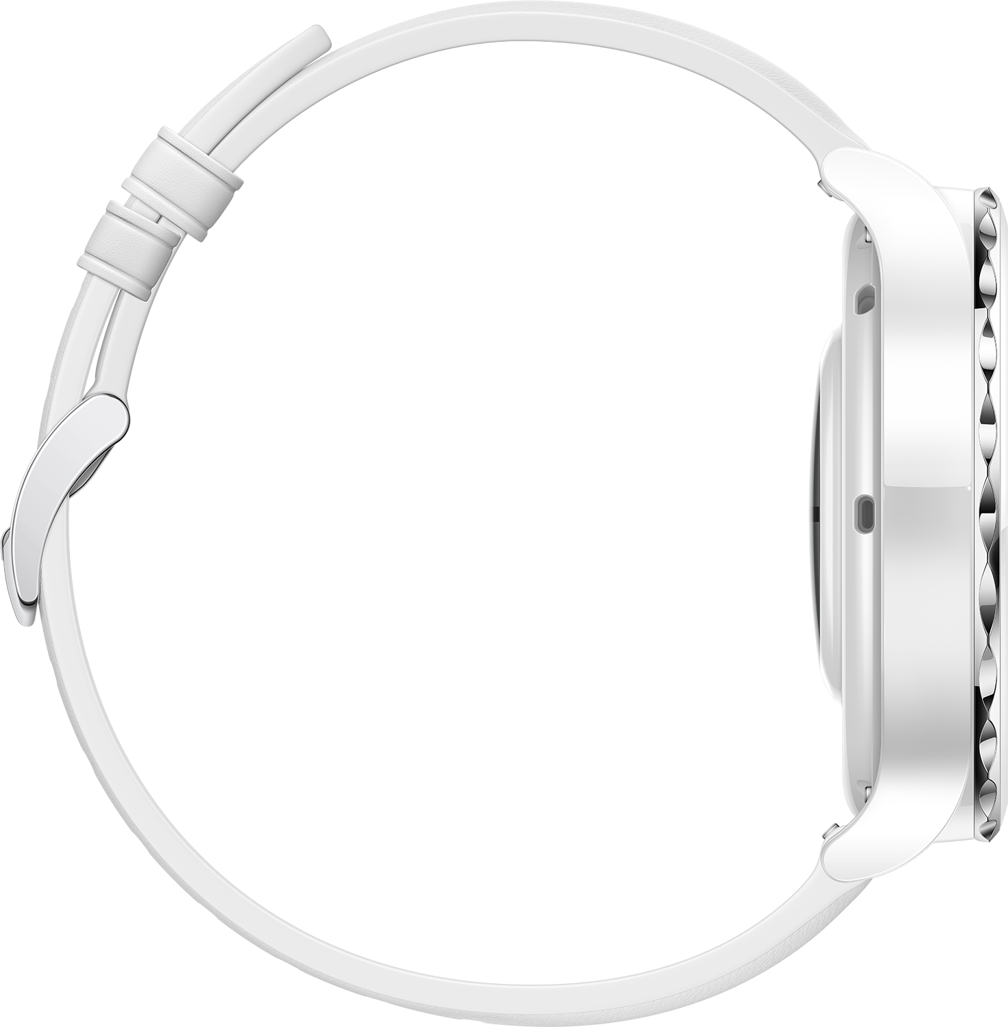 Weiße Smartwatch mit weißem Armband, im Profil gezeigt.