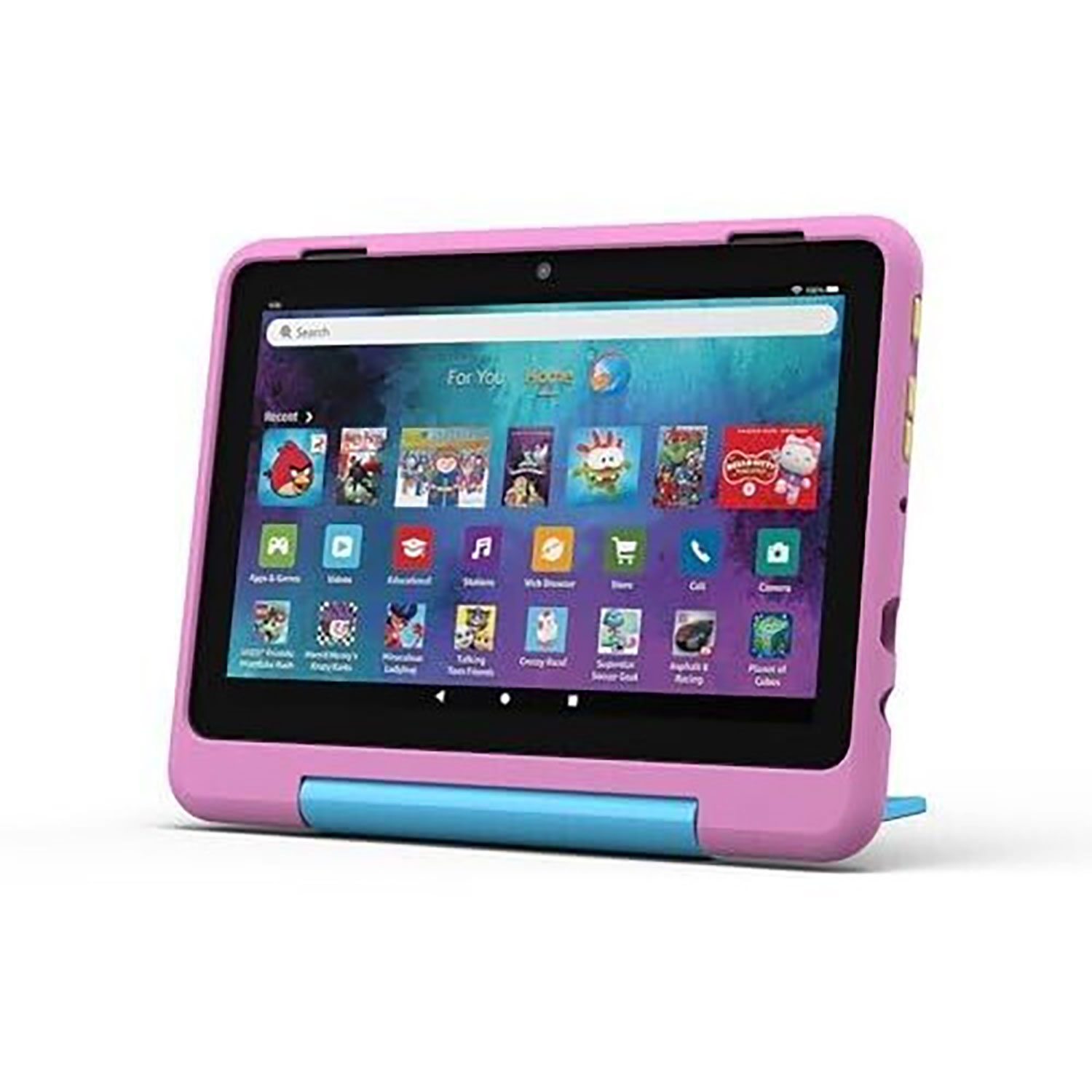 Un tablet rosa con un supporto blu e icone di app visualizzate sullo schermo.