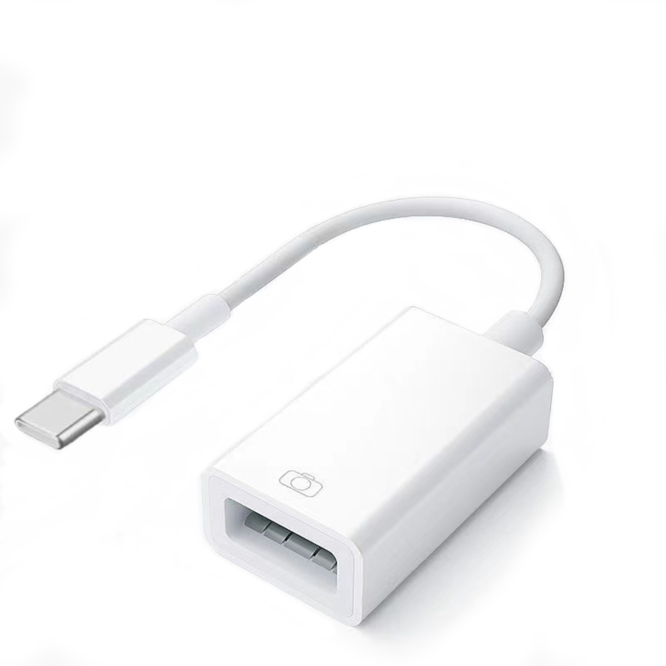 Ein weißer USB-C-Adapter mit einem Kamerazeichen und einem USB-Anschluss.