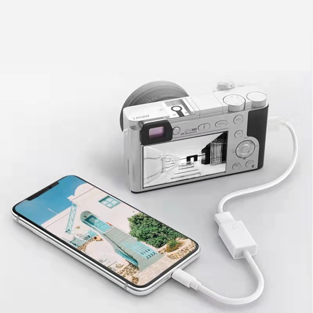 Eine Kamera ist mit einem Smartphone verbunden, das ein Bild einer weißen Hausansicht zeigt.