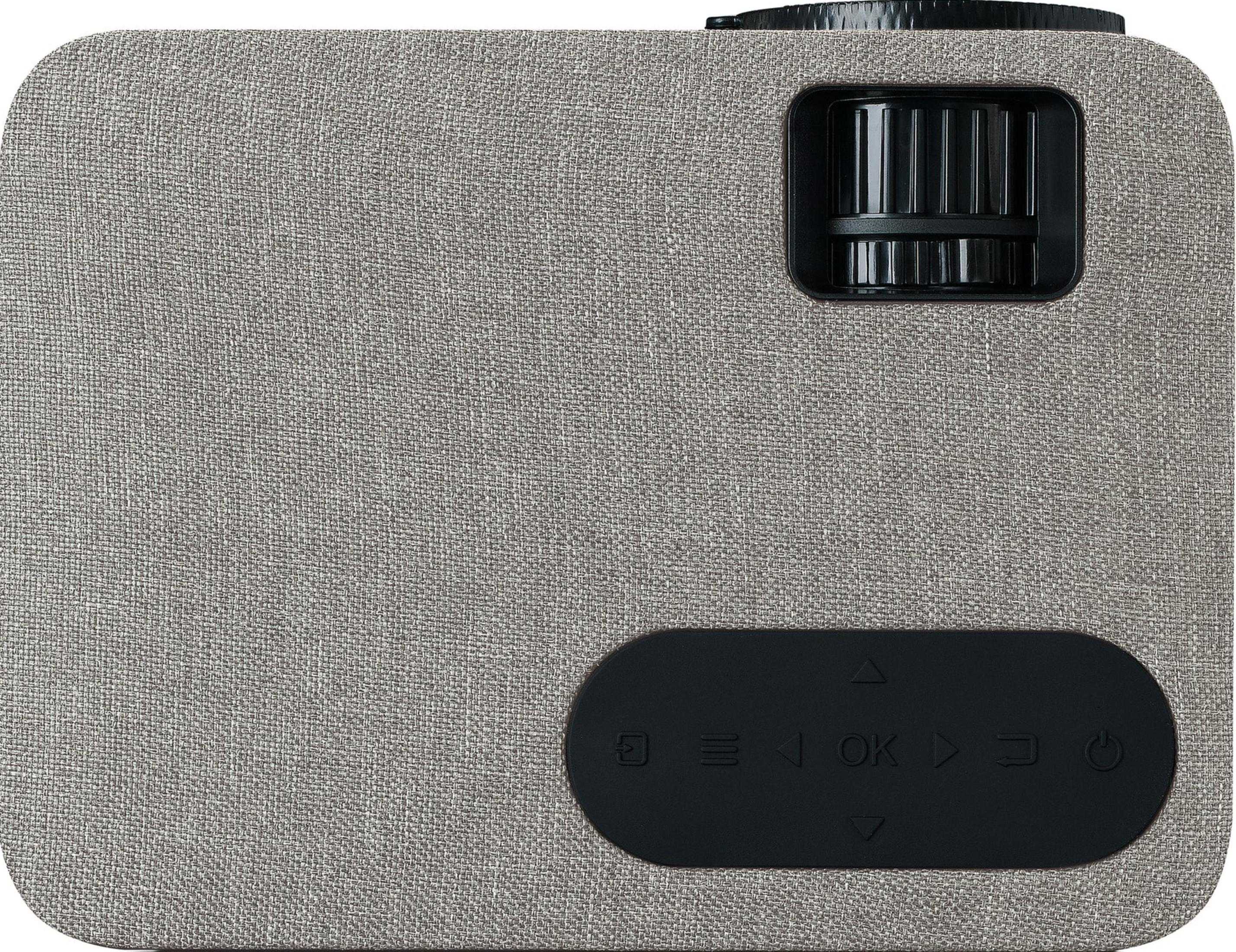 Kompaktowy szary projektor z pokrętłem ostrości i czarnymi przyciskami sterowania.