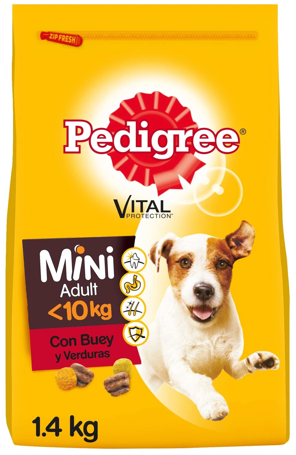 Bolsa de comida para perros Pedigree con perro, 1,4 kg, Mini Adulto, Ternera.