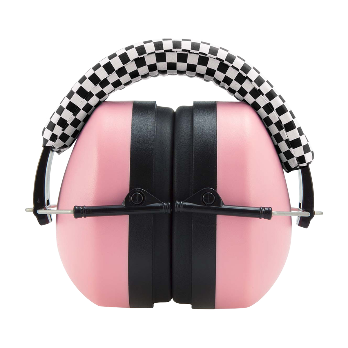 Różowe nauszniki z czarnymi paskami i kratkowanym pałąkiem.