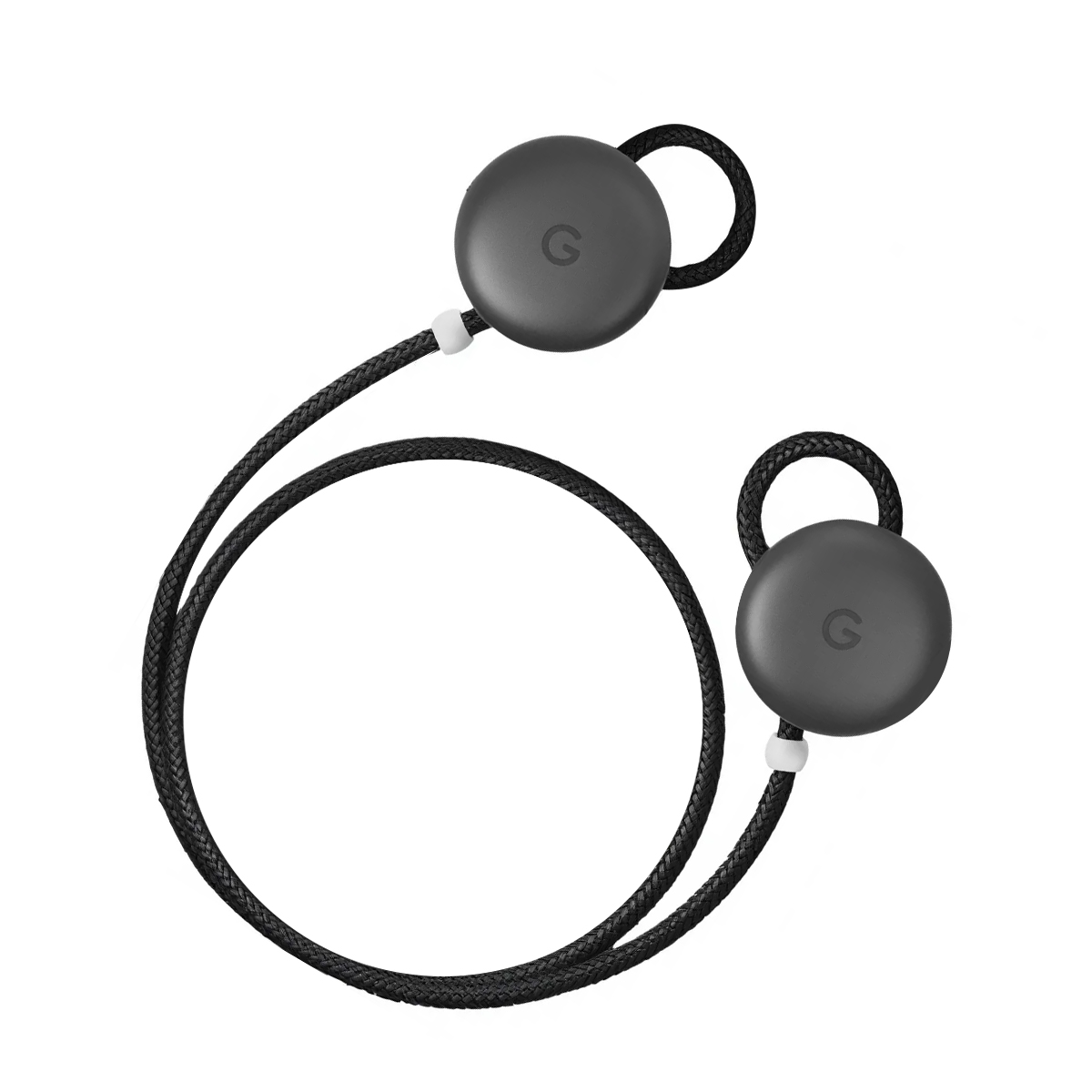 Dos Google Pixel Buds grises con cables negros sobre fondo blanco.