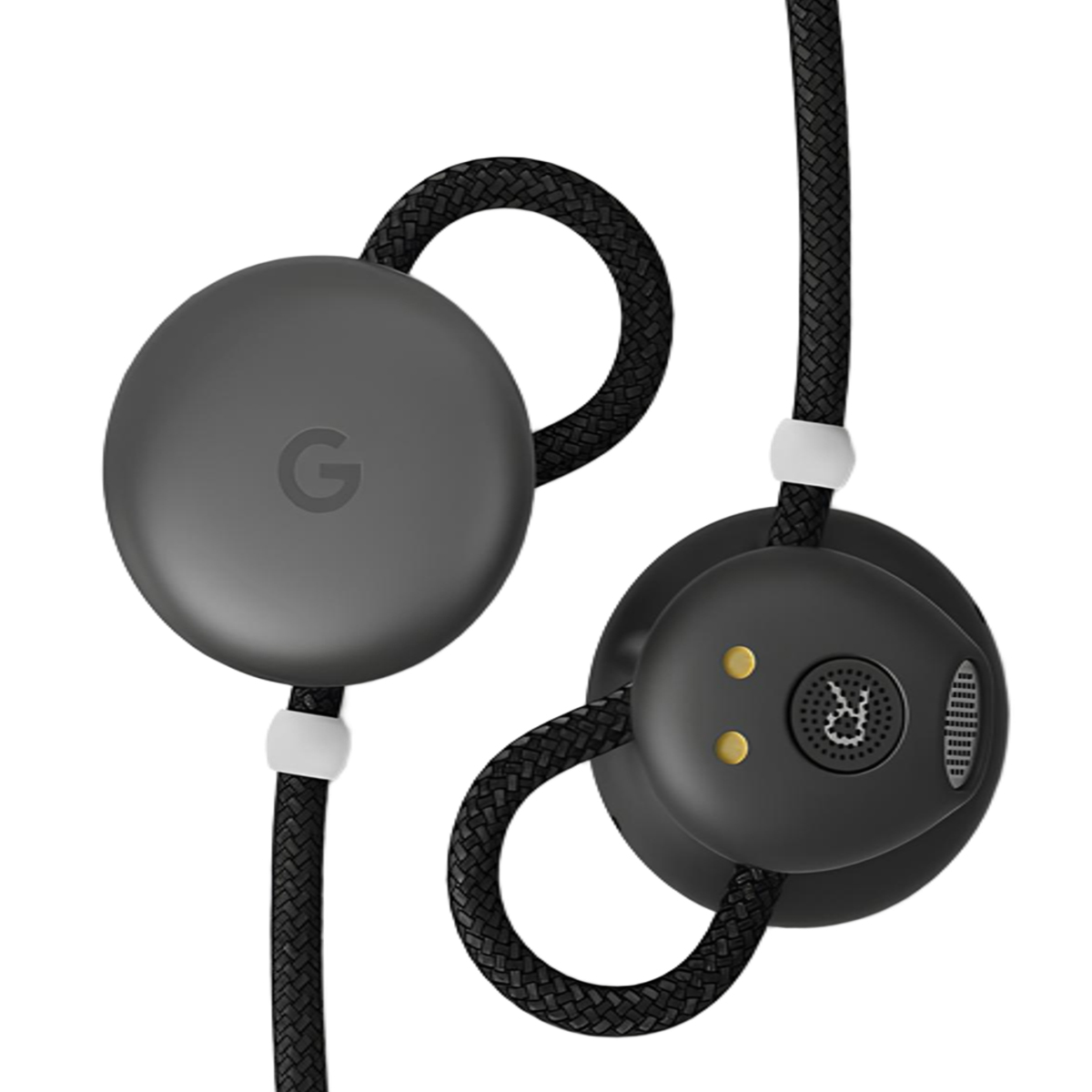 Auriculares Google Pixel negros con logo G y marca R.