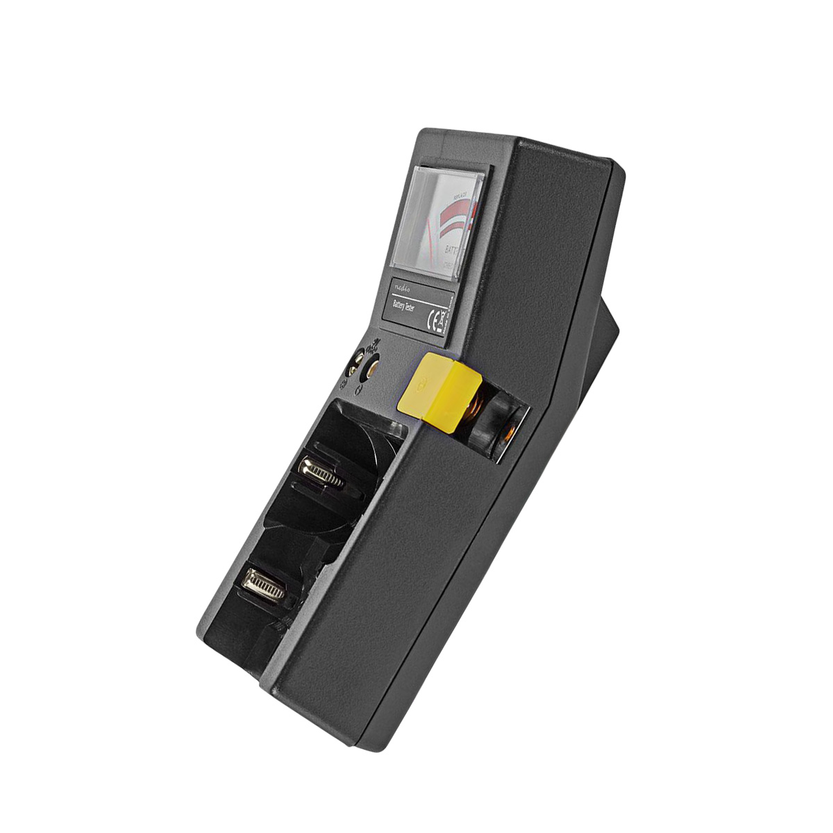 Schwarzer Batterietester mit Einsch&uuml;ben f&uuml;r Batterien und einem Bildschirm.