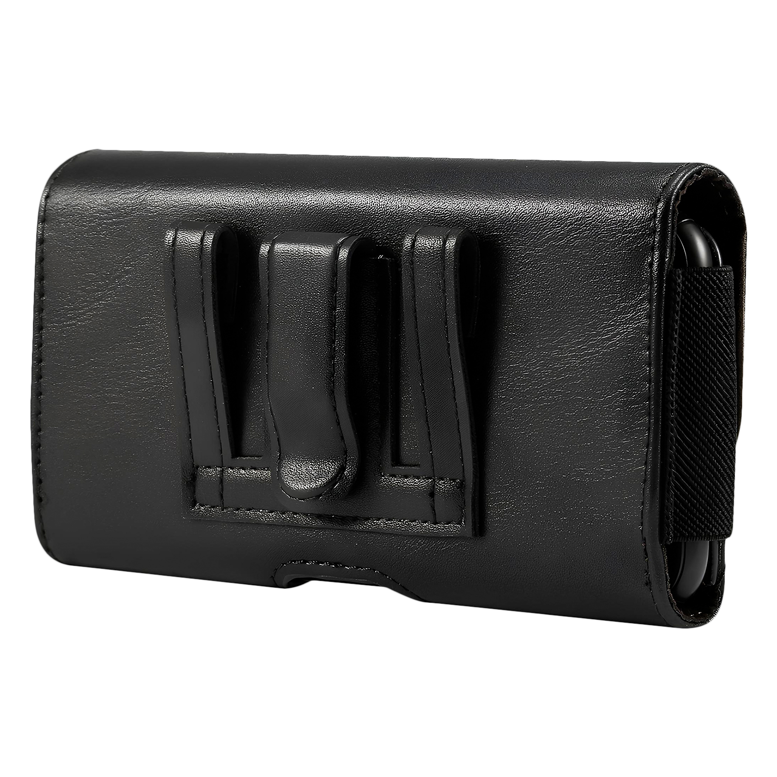 Custodia nera in pelle per telefono con clip da cintura e lato elastico.