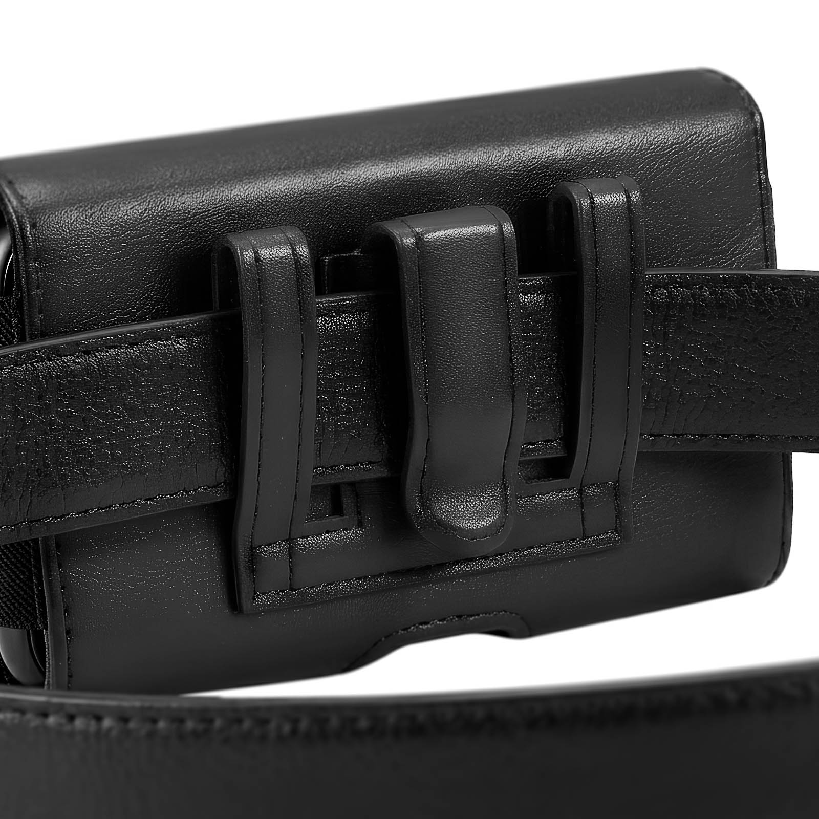 Custodia nera in pelle per telefono con passanti e cinturino.
