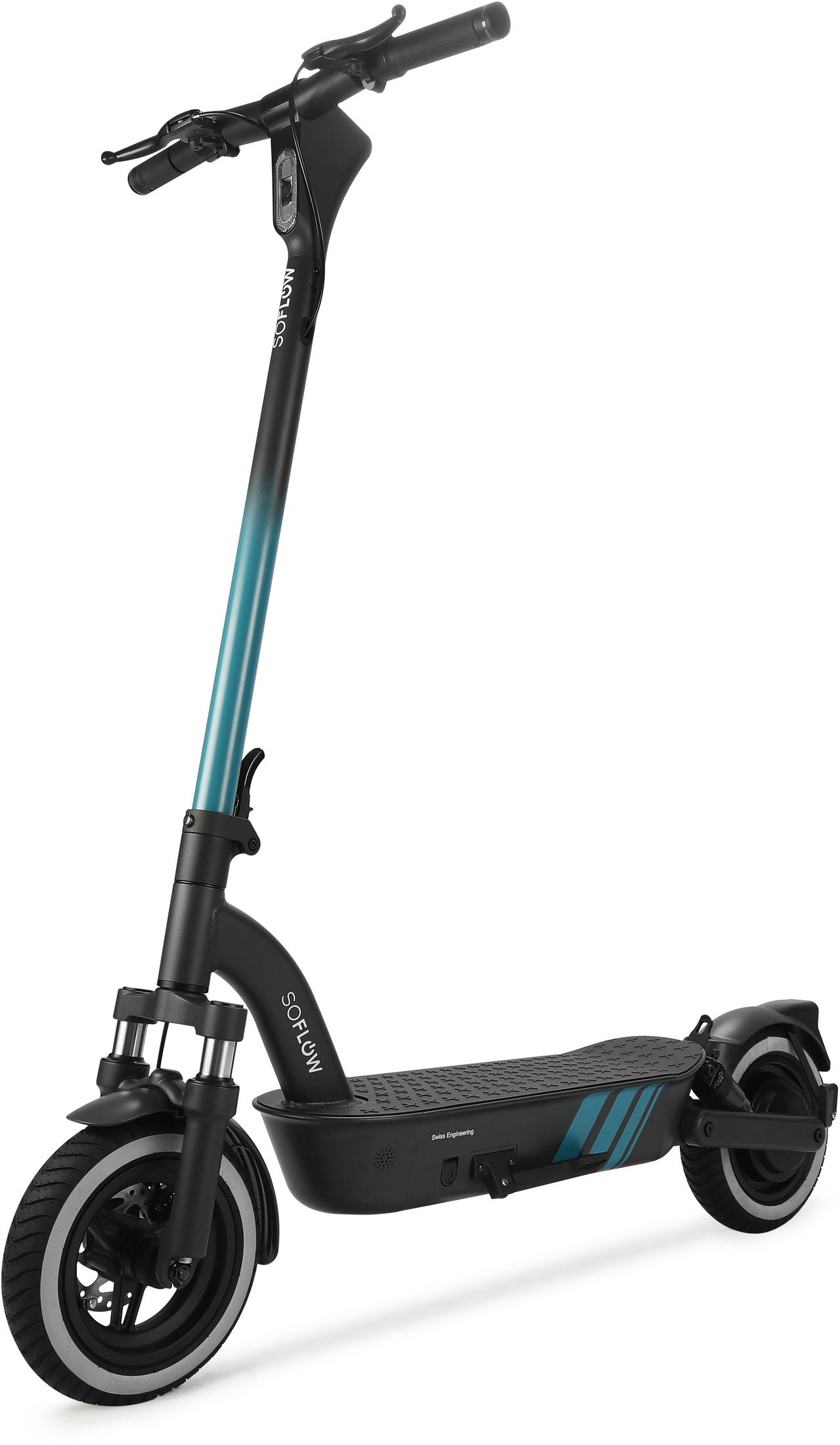 Ein schwarzer Elektroroller mit blauem Farbverlauf am Lenker und blauen Streifen.