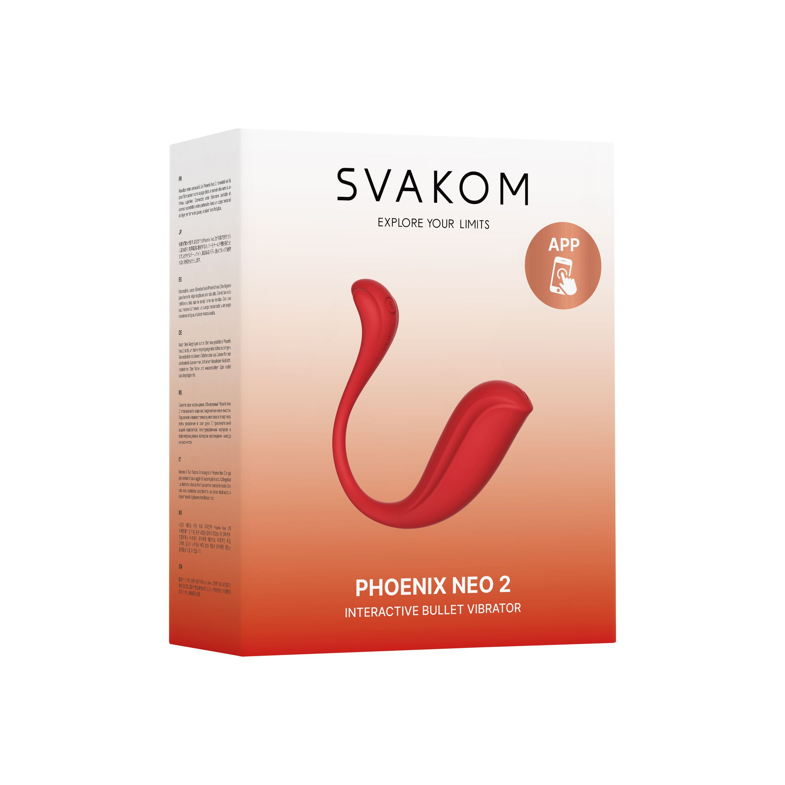 Rote SVAKOM Phoenix Neo 2 Verpackung mit App-Symbol. Produktabbildung.