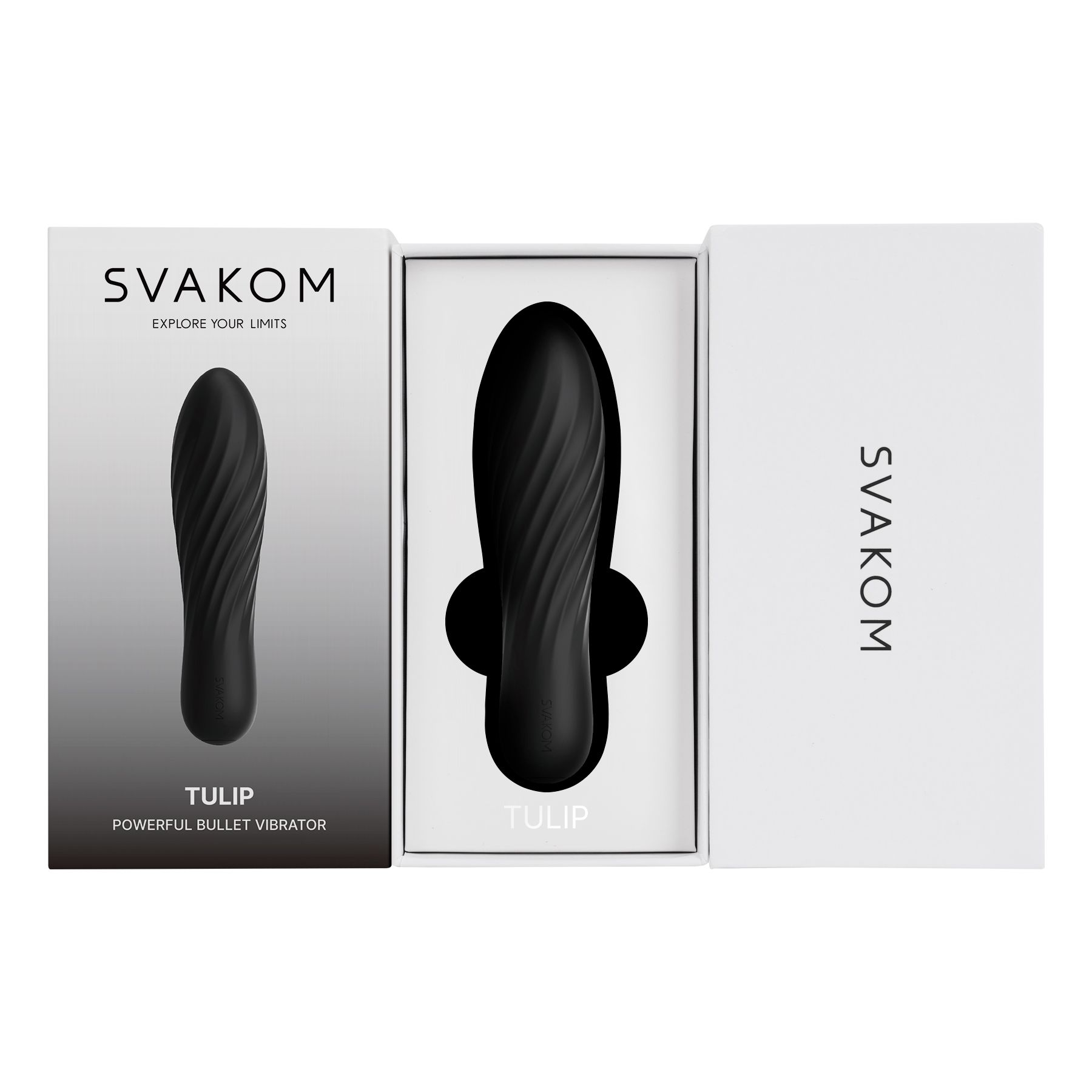 Schwarzer Vibrator mit Spiralmuster in geöffneter Verpackung.