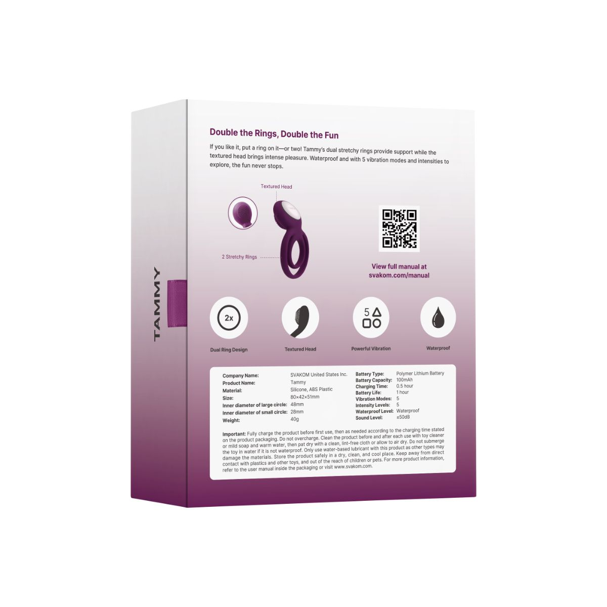Verpackung eines violetten Vibrators mit der Aufschrift "Tammy" und Produktinformationen.