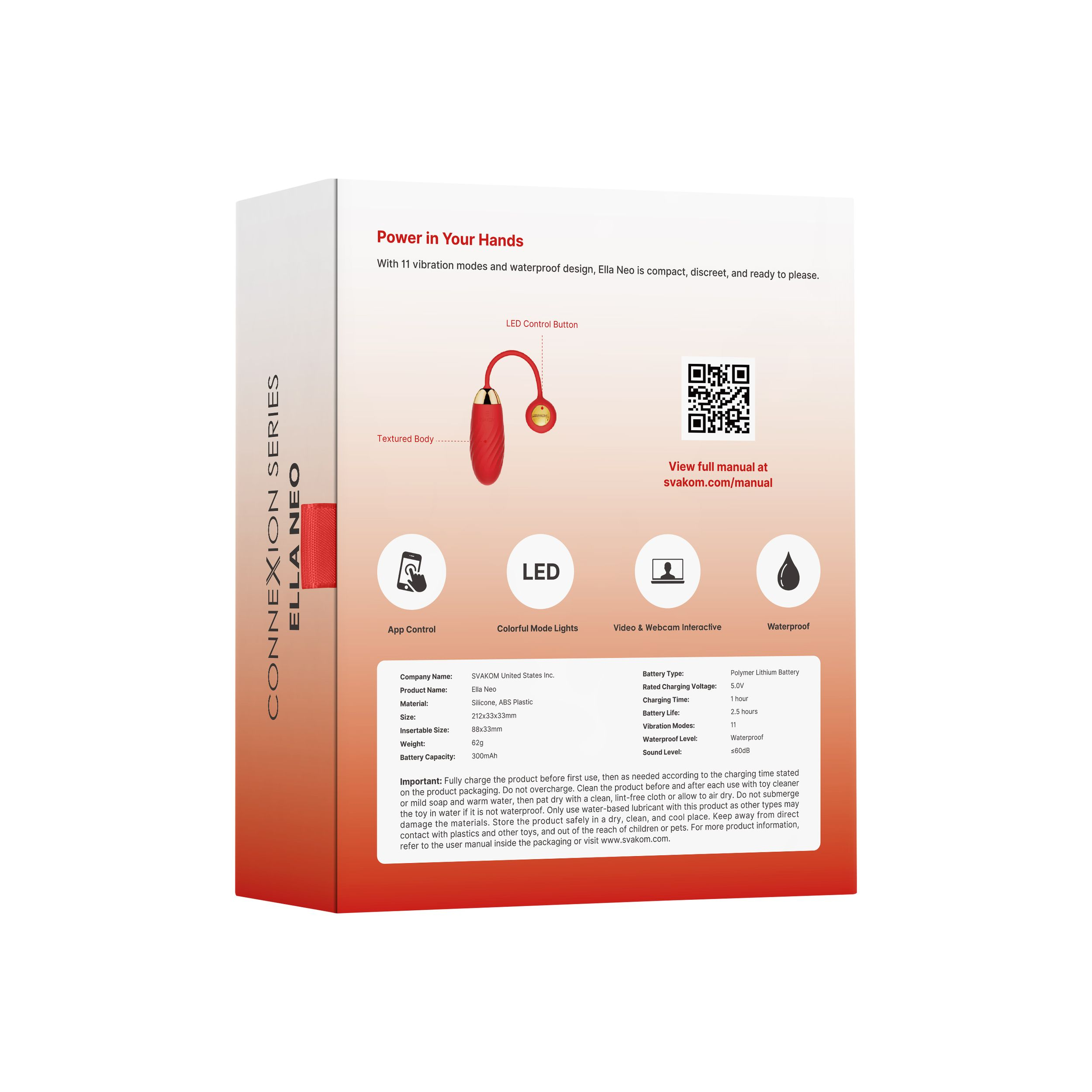 Czerwone opakowanie wibratora ze szczegółami technicznymi i zdjęciem produktu.