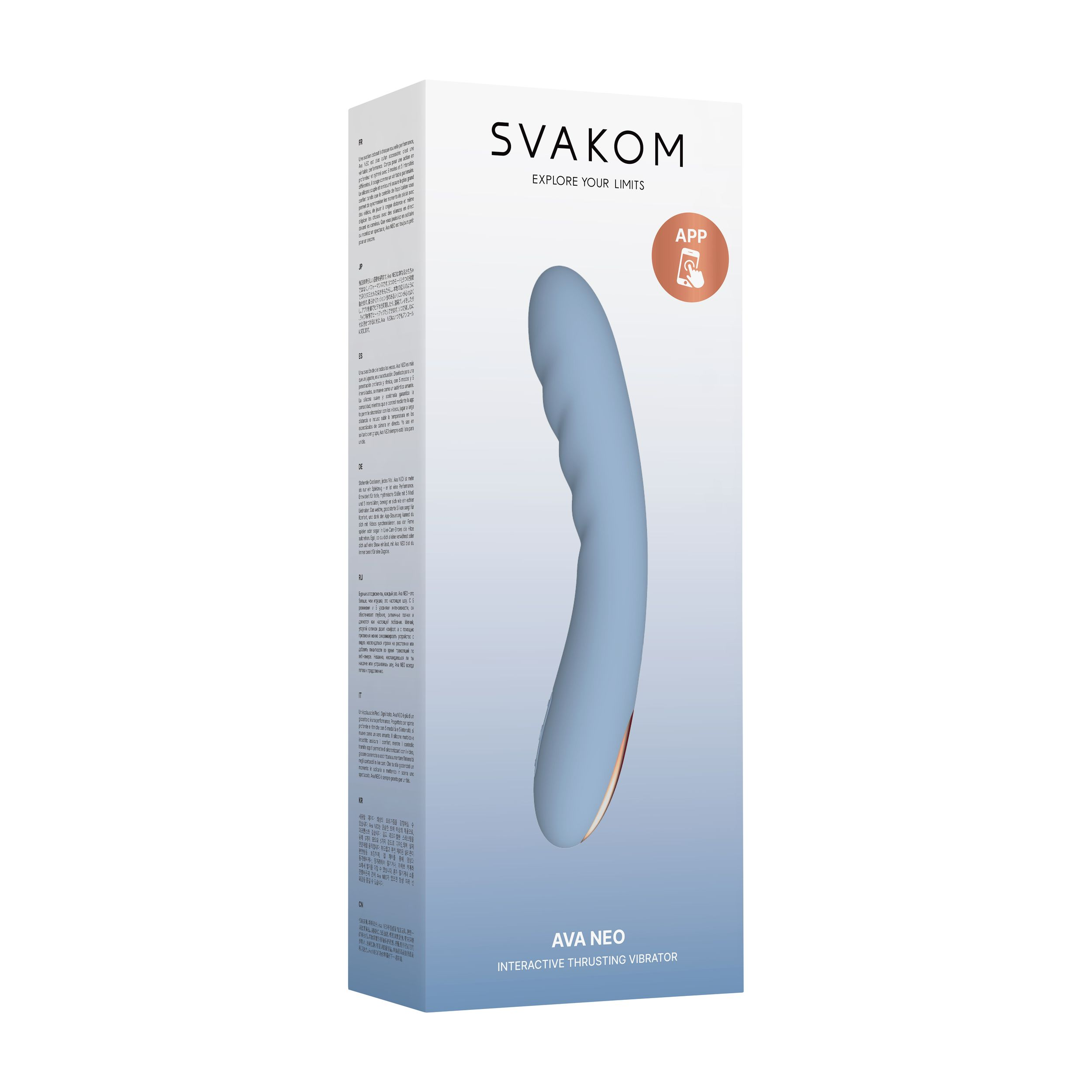 Verpackung eines blauen Vibrators mit dem Namen AVA NEO.