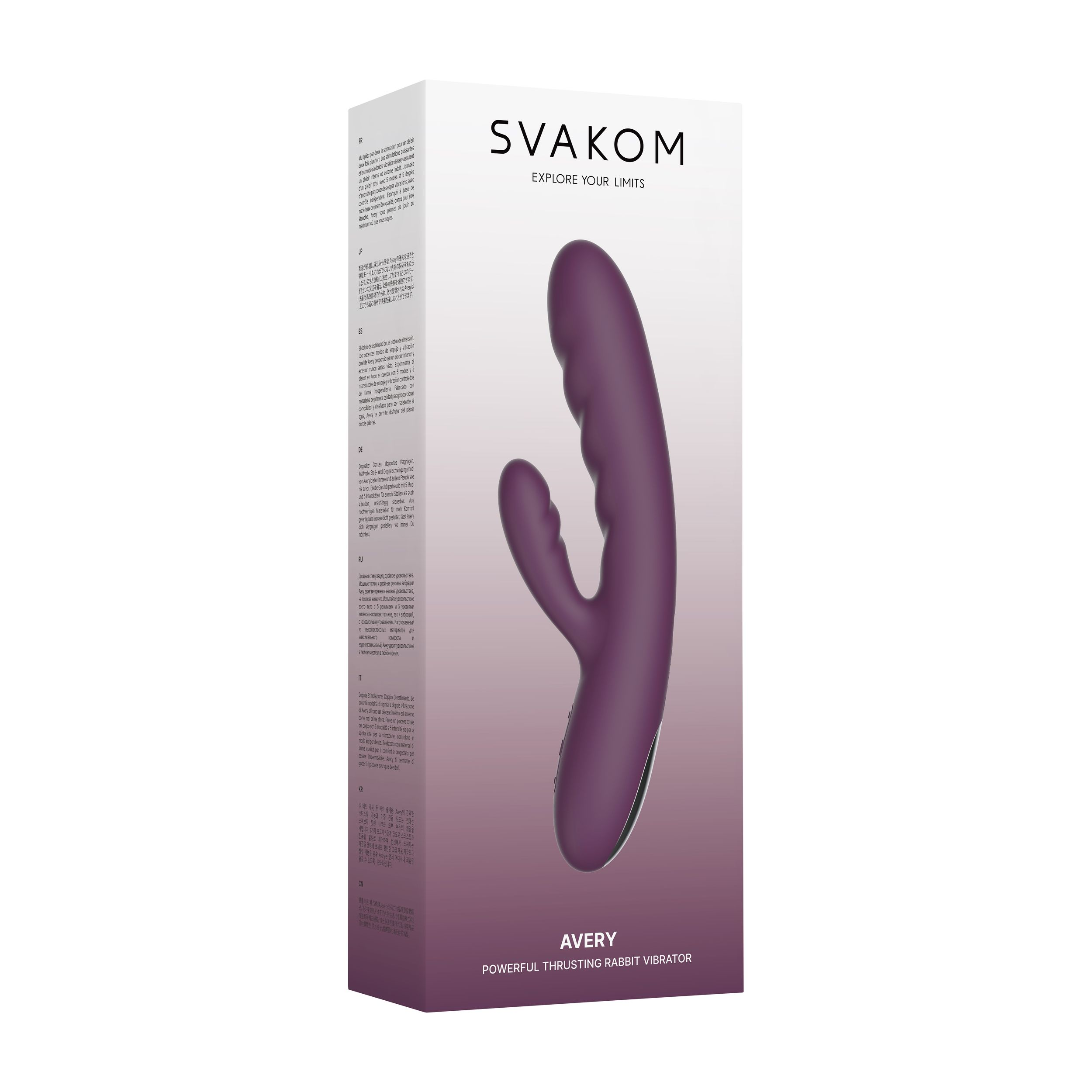 Lila Vibrator mit Ohren auf einer Verpackung mit Text.