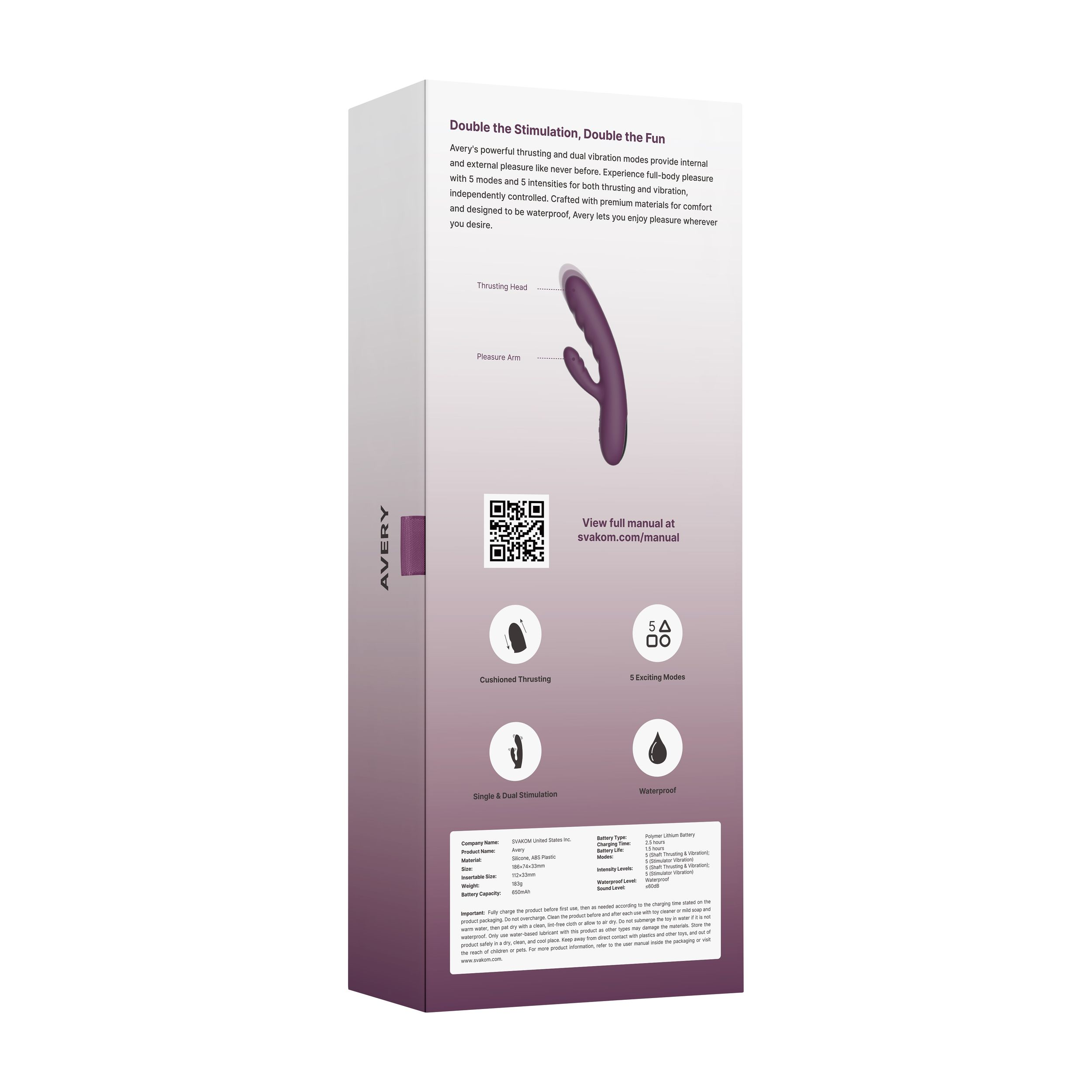 Lila Vibrator mit "Thrusting Head" und "Pleasure Arm" auf Produktverpackung.