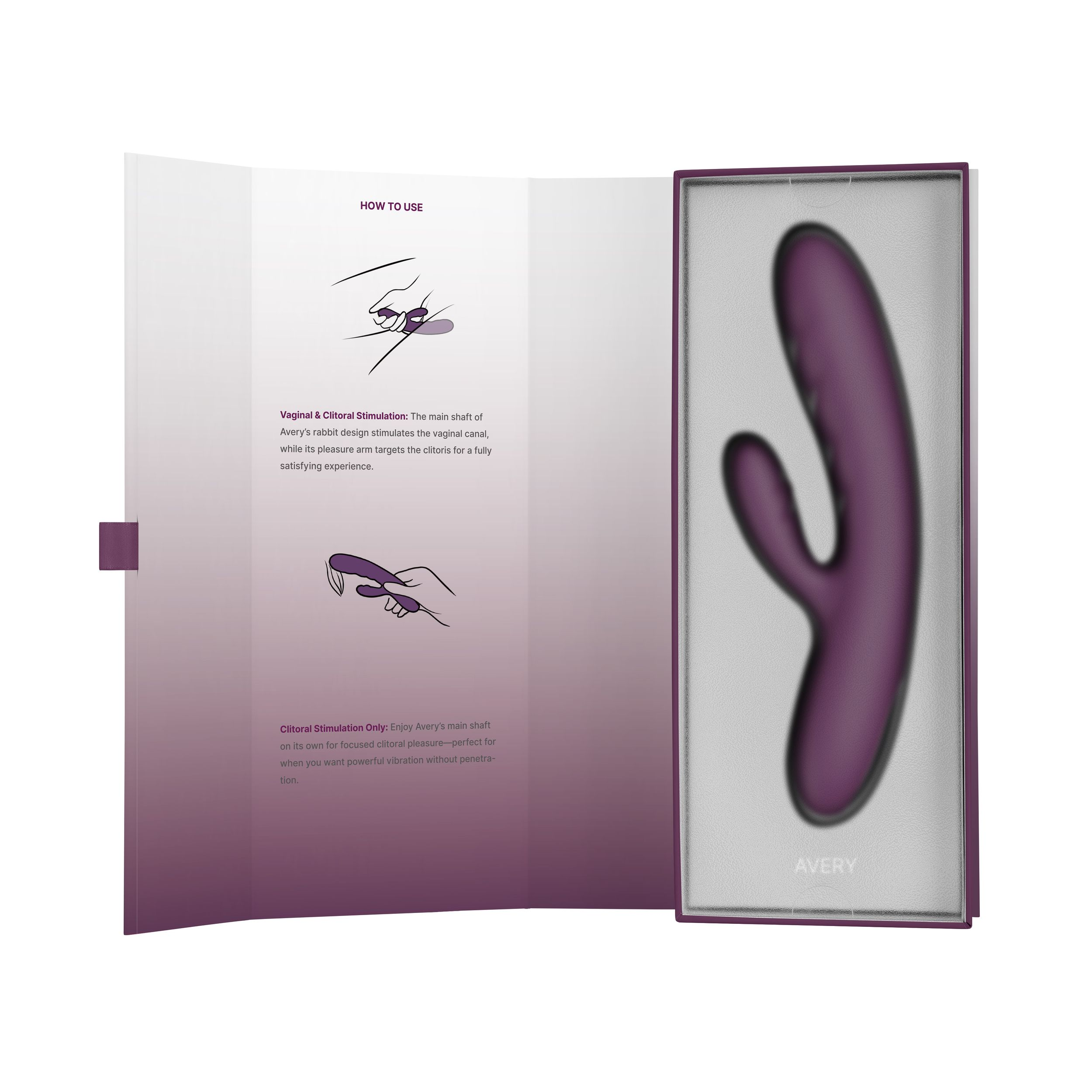 Lila Vibrator in einer Schachtel neben Gebrauchsanweisungen.