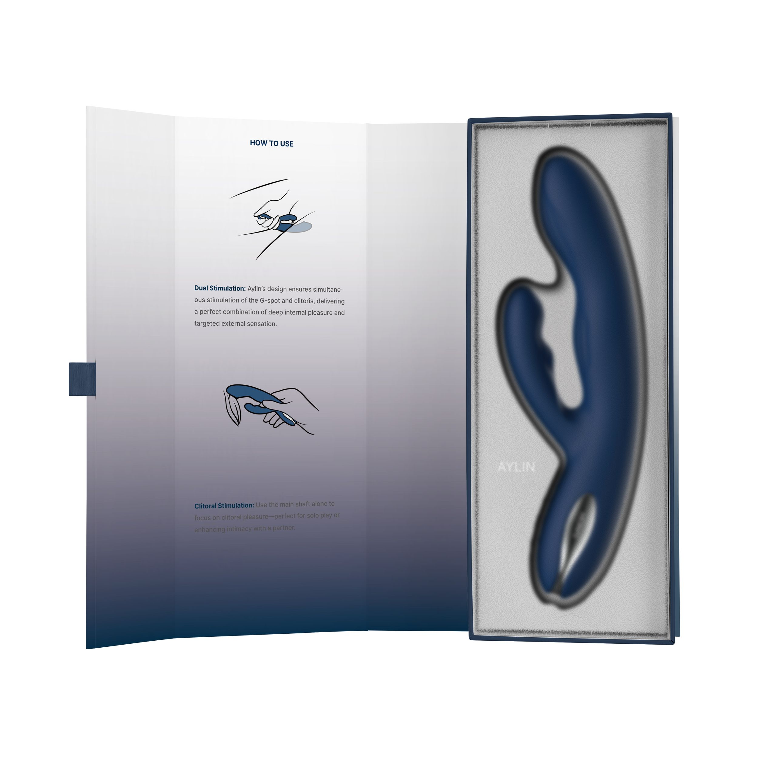 Ciemnoniebieski masażer leży w pudełku obok instrukcji obsługi.