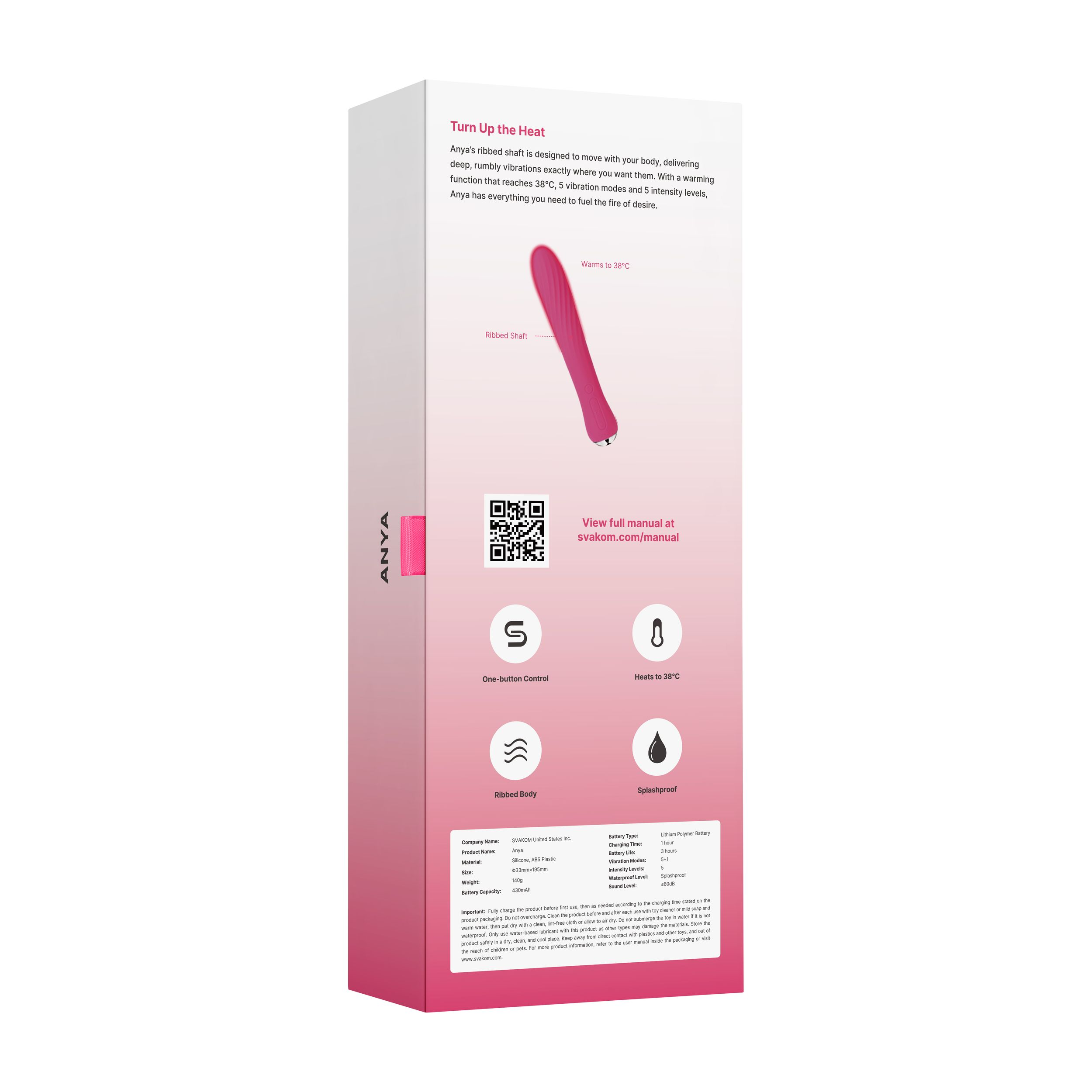 Ein pinker Vibrator mit gerippter Textur, der bis zu 38°C warm wird.