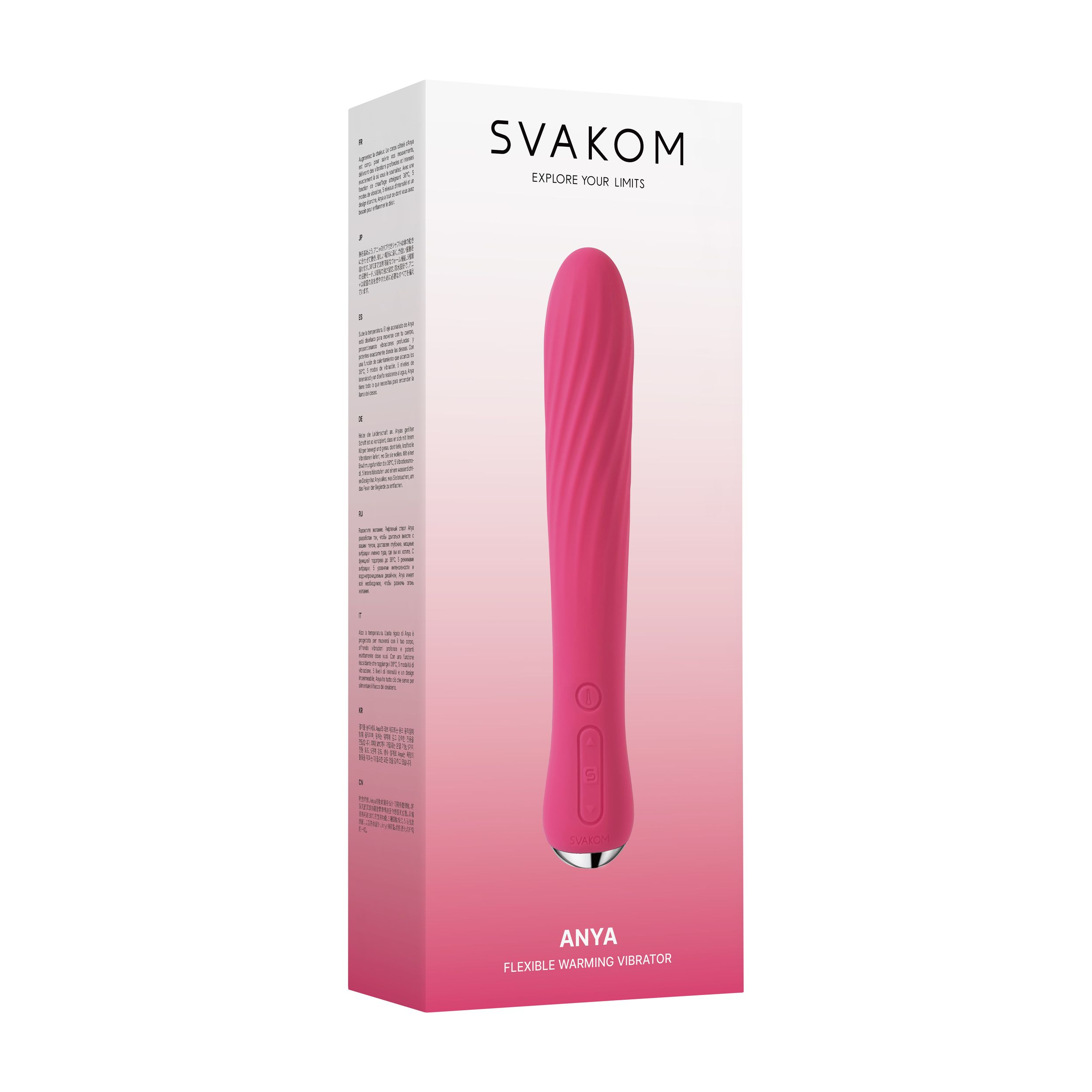 Ein pinker Vibrator mit der Aufschrift "ANYA FLEXIBLE WARMING VIBRATOR".