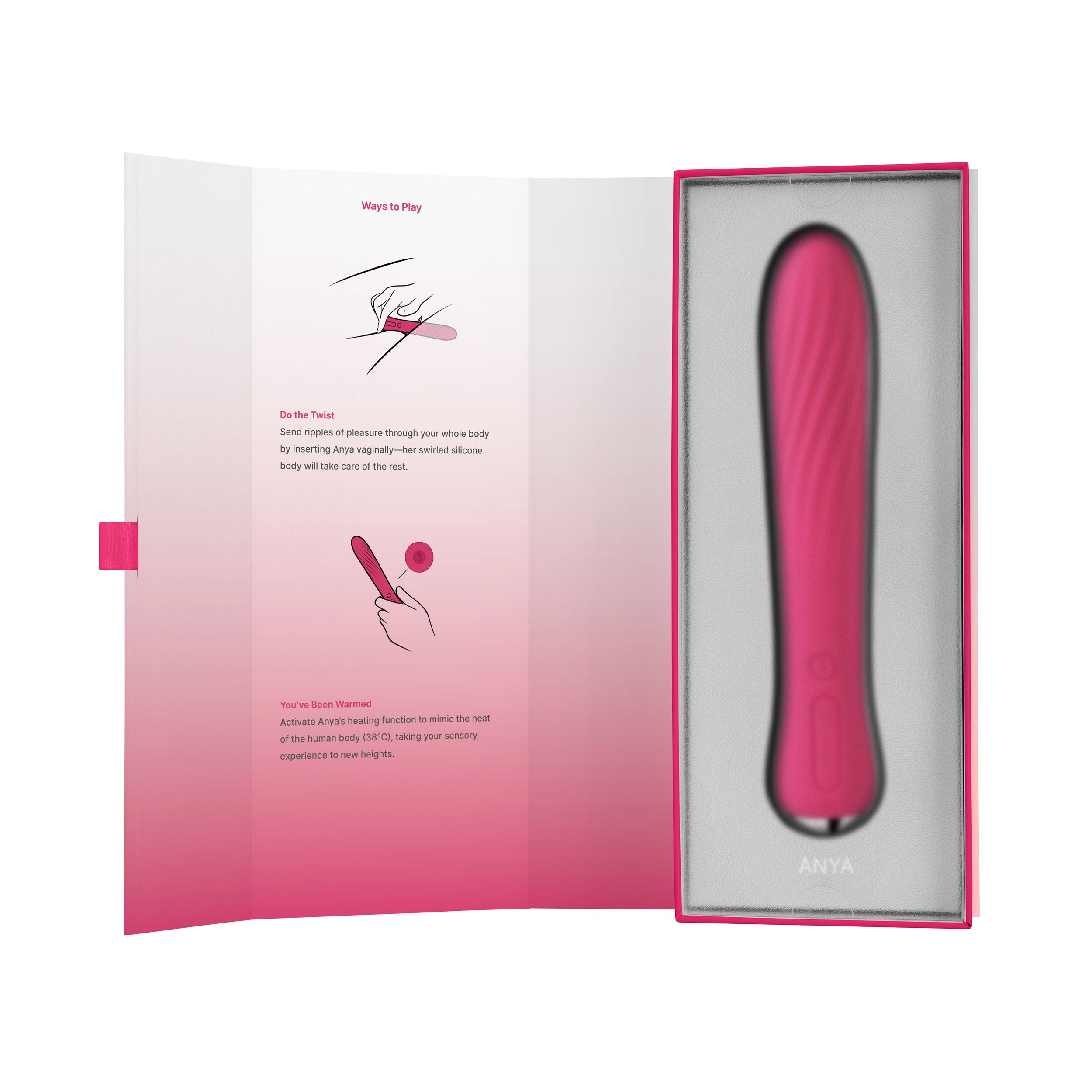 Pinker Vibrator in Schachtel mit Gebrauchsanweisungen und Heizfunktion.