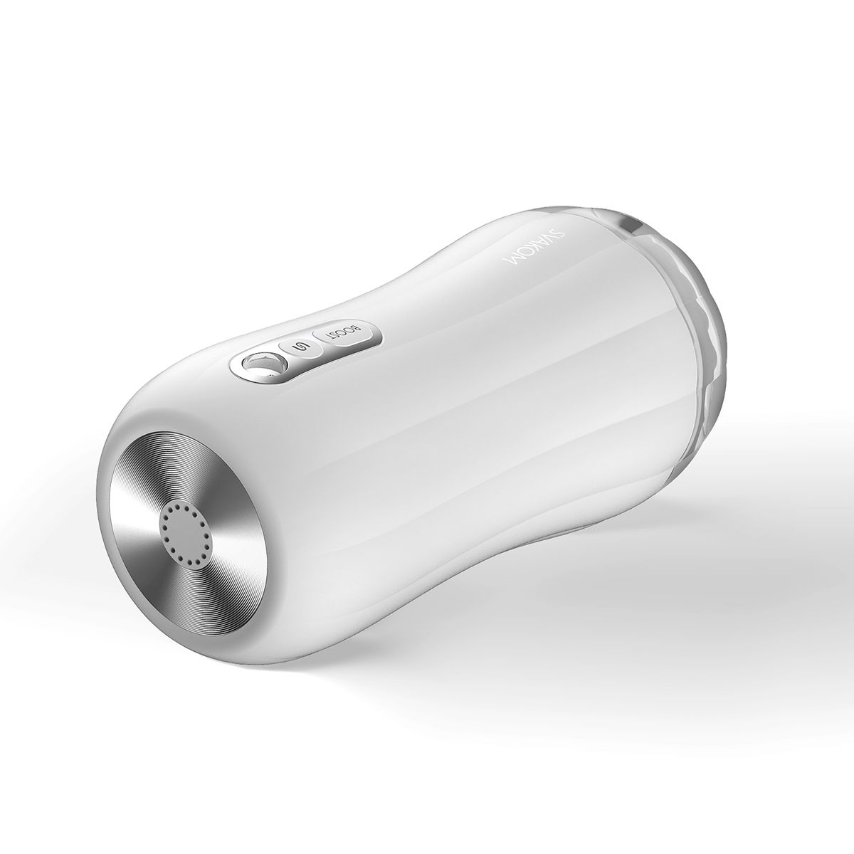 Białe, ergonomiczne urządzenie ze srebrnymi akcentami i przyciskami.