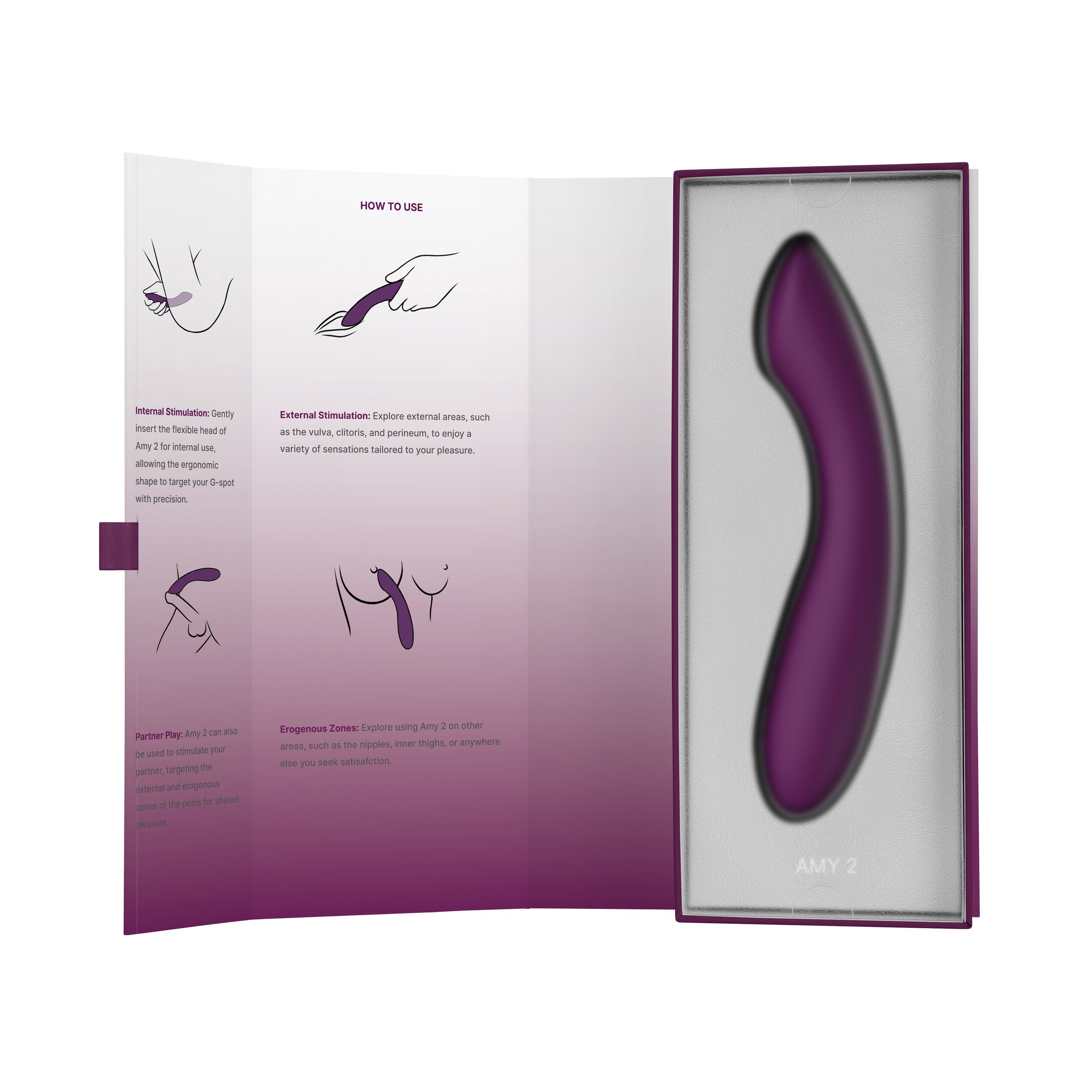 Ein violetter Vibrator in einer Verpackung neben Anleitungsillustrationen.