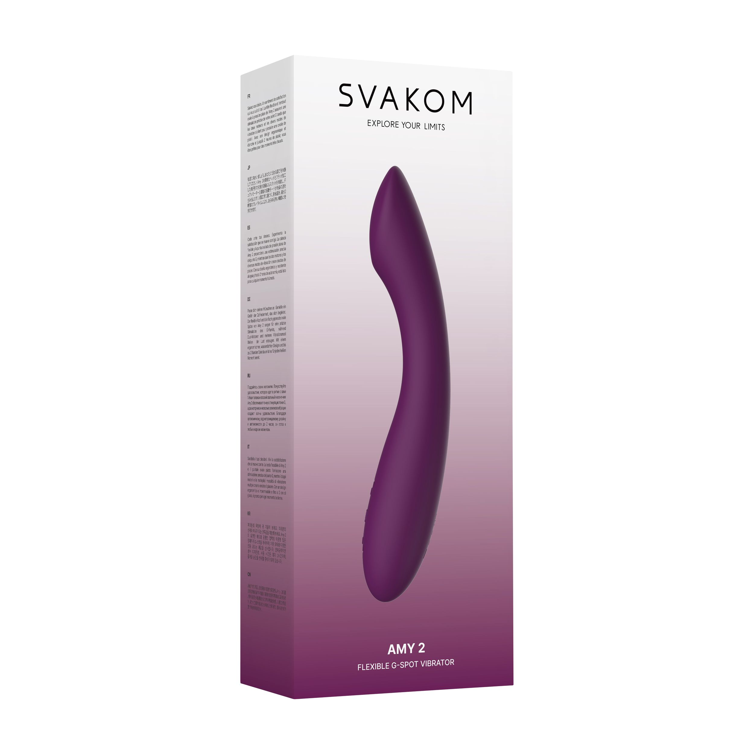 Lila Vibrator auf der Verpackung mit der Aufschrift AMY 2.