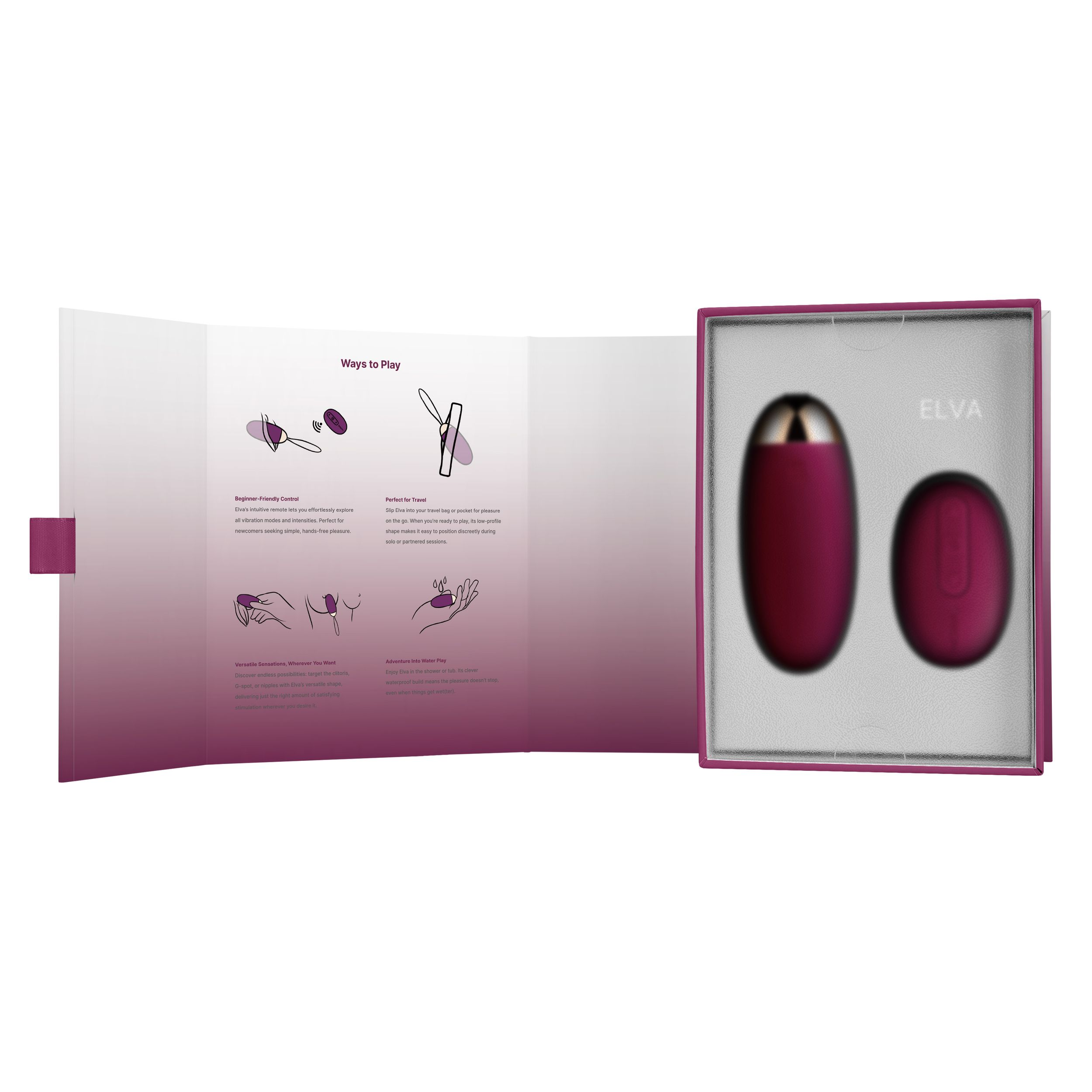 Eine Broschüre zeigt Anwendungsmöglichkeiten, rechts eine Geschenkbox mit zwei violetten Vibratoren.