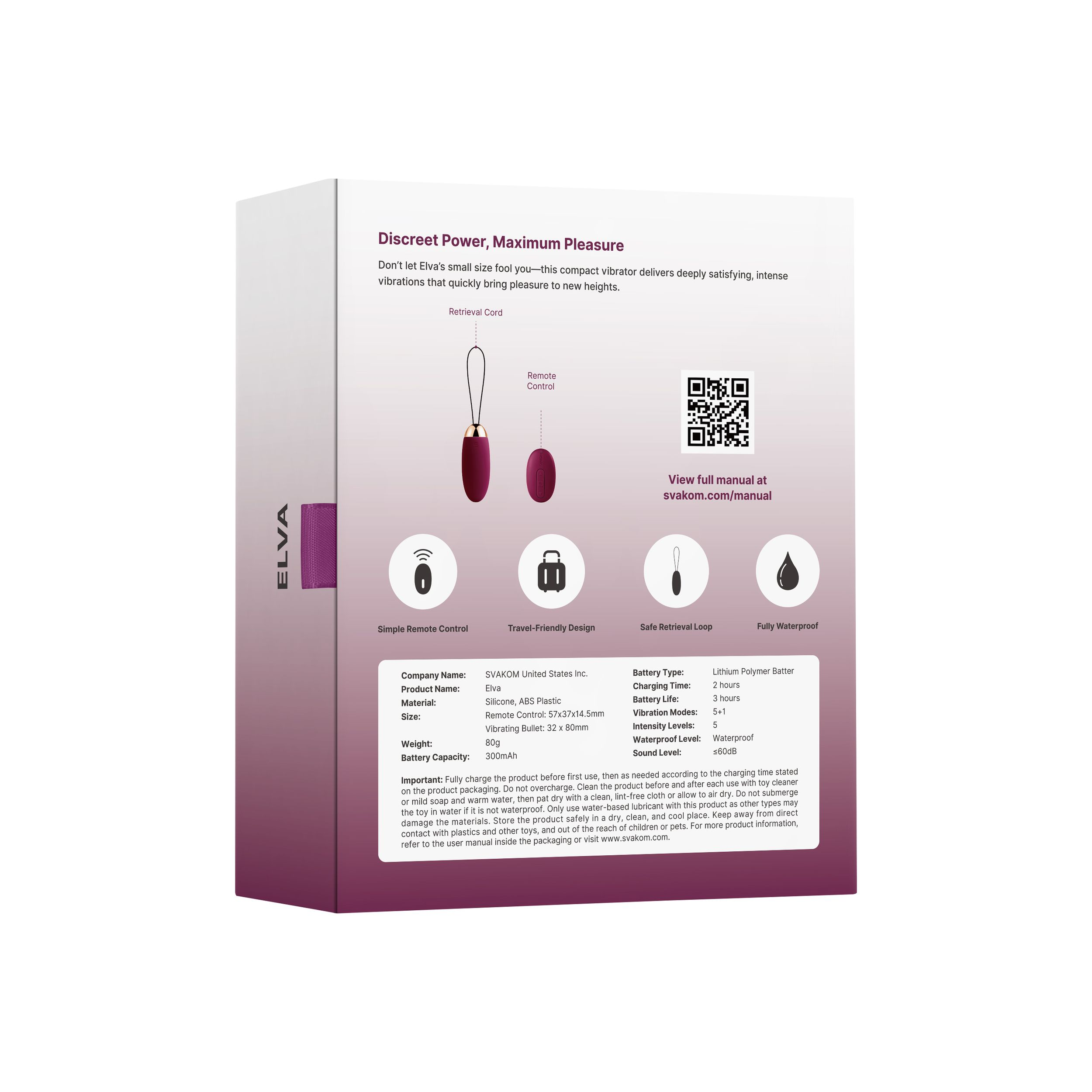 Verpackung eines Vibrators mit Fernbedienung und Spezifikationen.