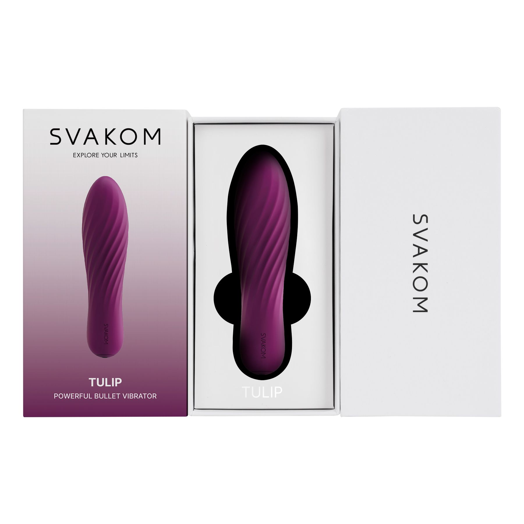 Lila Vibrator in einer weißen Verpackung mit dem Markennamen SVAKOM.