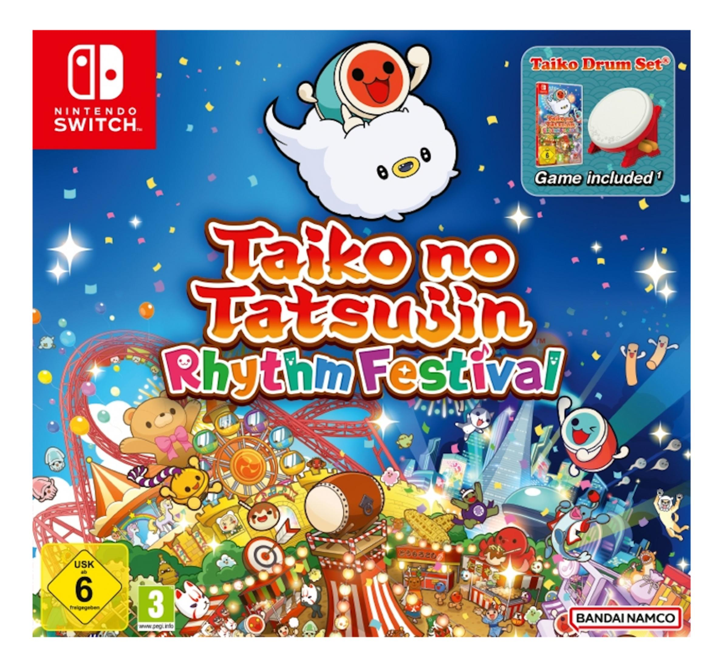 Nintendo Switch-Spielcover mit Taiko-Trommelset. Fröhliche Charaktere, Karussell, Feuerwerk.