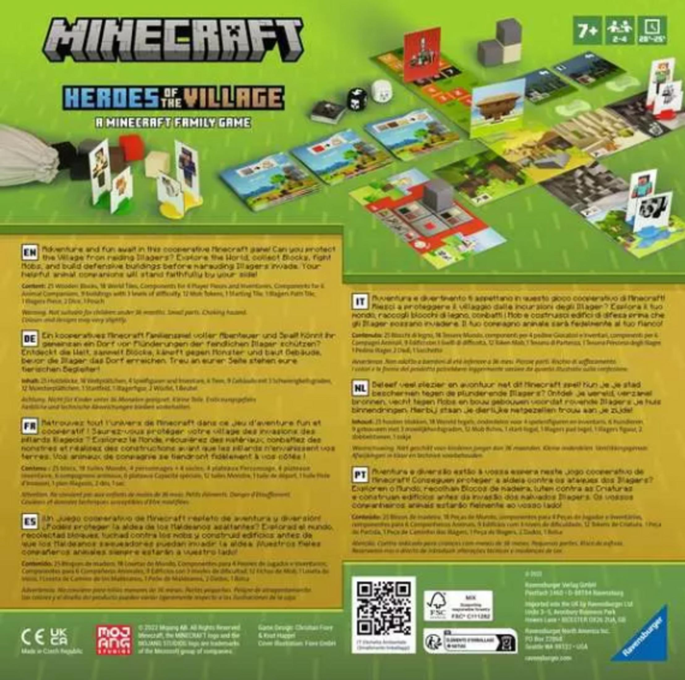 Gra planszowa Minecraft Heroes of the Village z figurkami, kostkami i kartami.