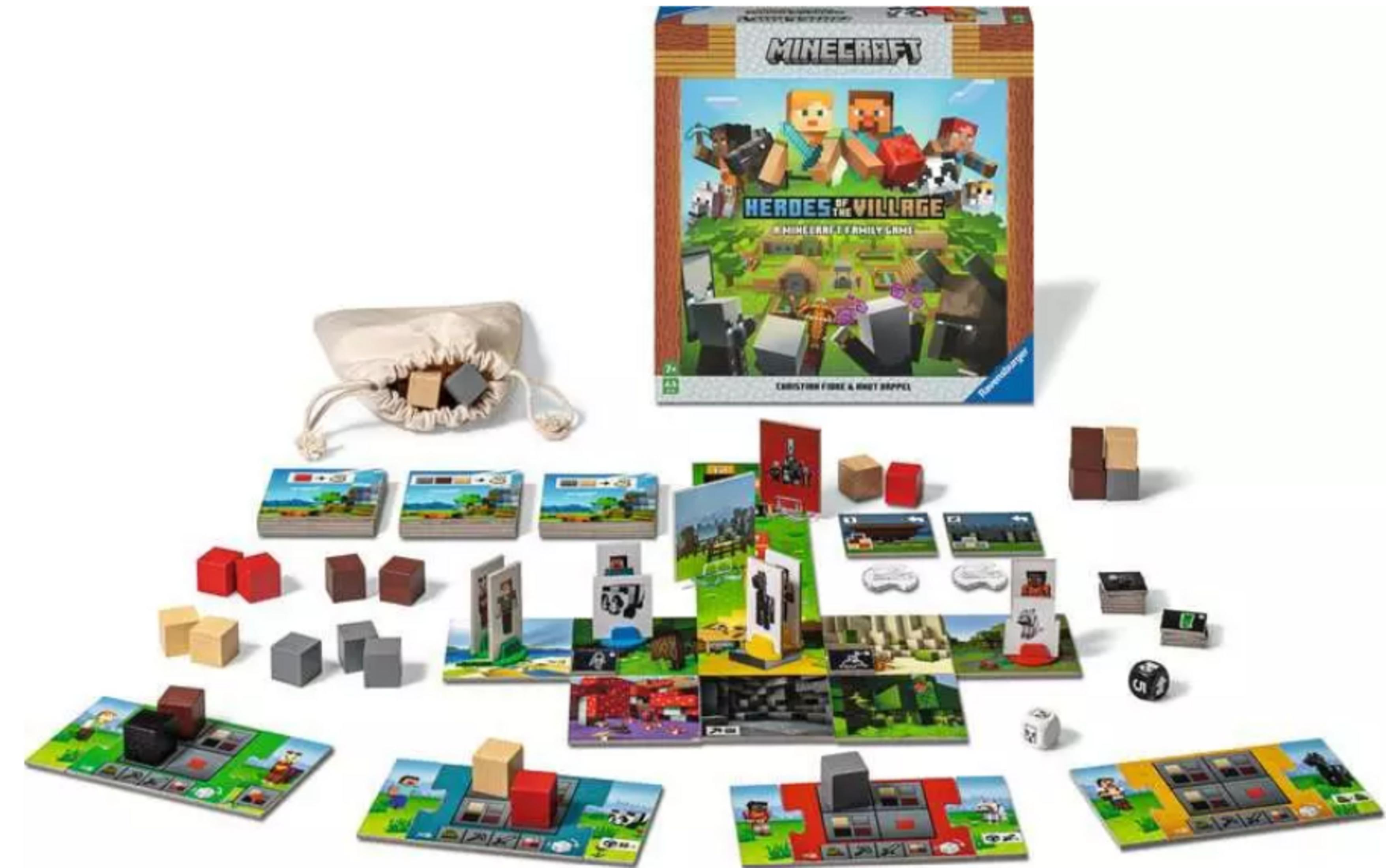 Gra Minecraft Heroes & Village: kostki, karty, drewniane klocki i plansze.