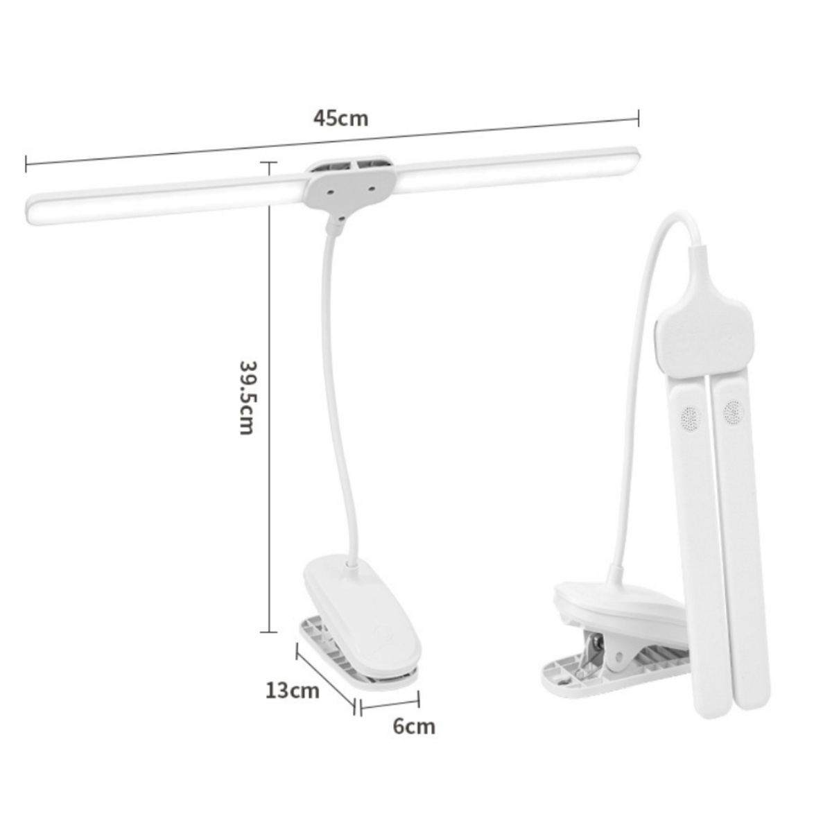 Weiße Klemmleuchte mit flexiblem Arm und Maßen.