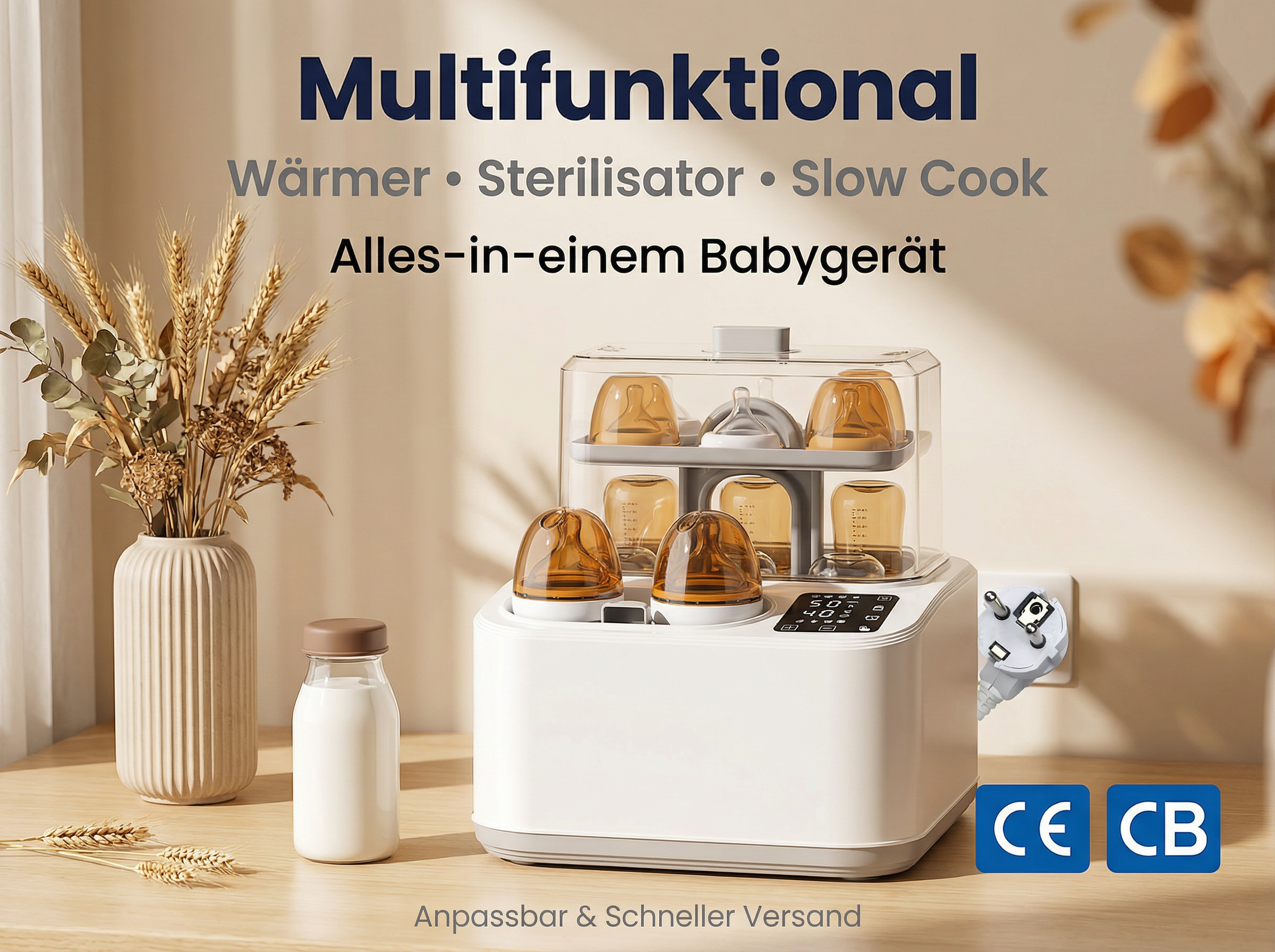 Ein weißes multifunktionales Babygerät zum Erwärmen, Sterilisieren und langsamen Kochen.