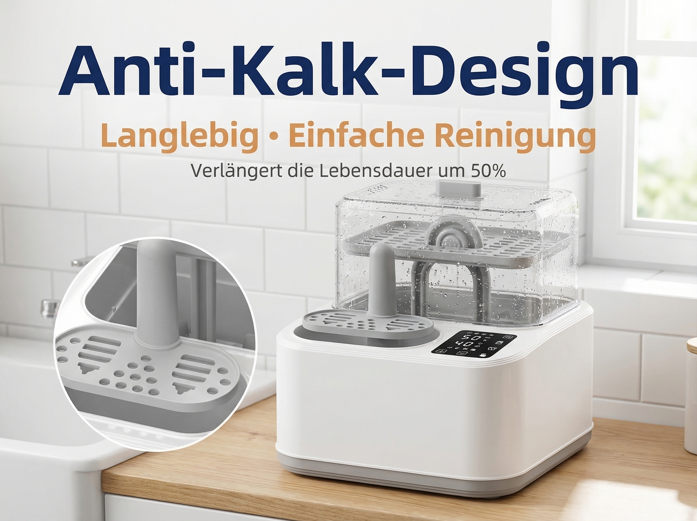 Ein Dampfsterilisator mit Anti-Kalk-Design auf einer Holzoberfläche.