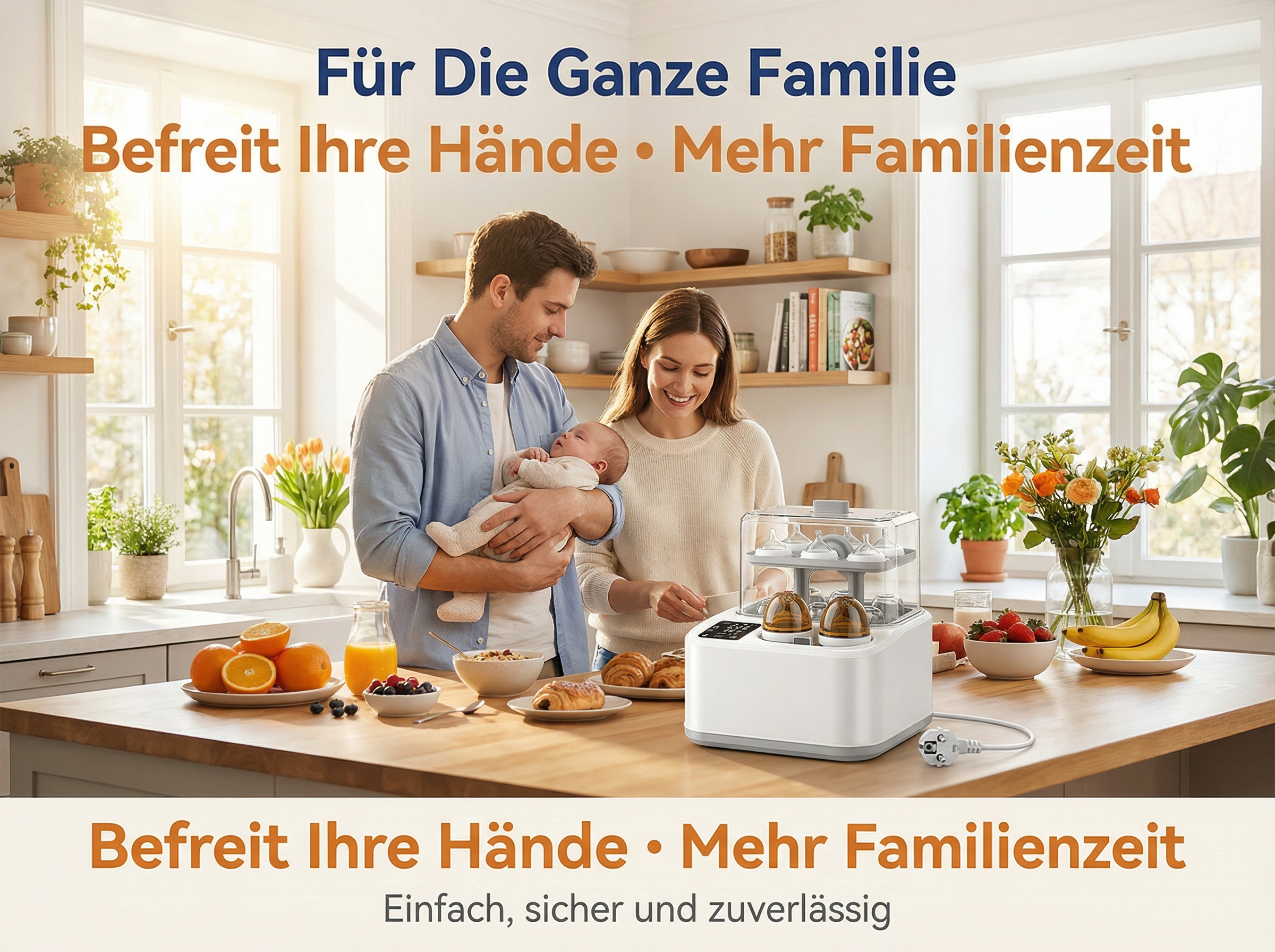 Familie in der Küche mit Baby und Sterilisator. Obst und Gebäck auf dem Tisch.