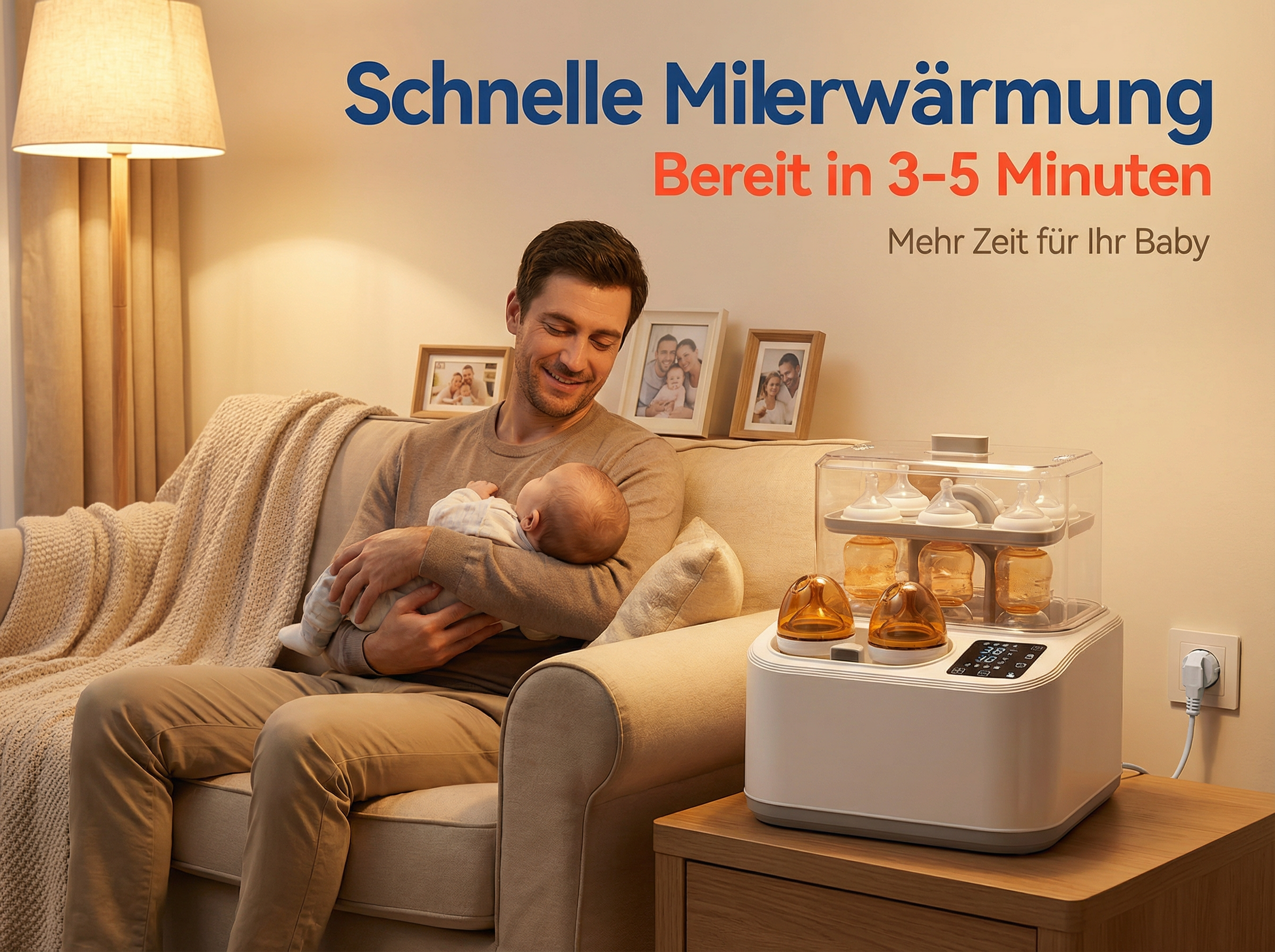Mann hält Baby auf Sofa, daneben ein Flaschenwärmer und Bilderrahmen.