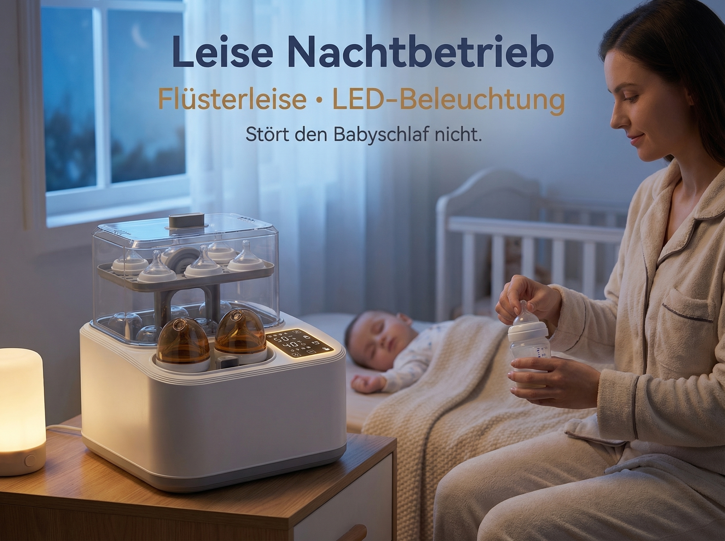 Eine Frau bereitet eine Flasche neben einem schlafenden Baby und einem Flaschensterilisator zu.