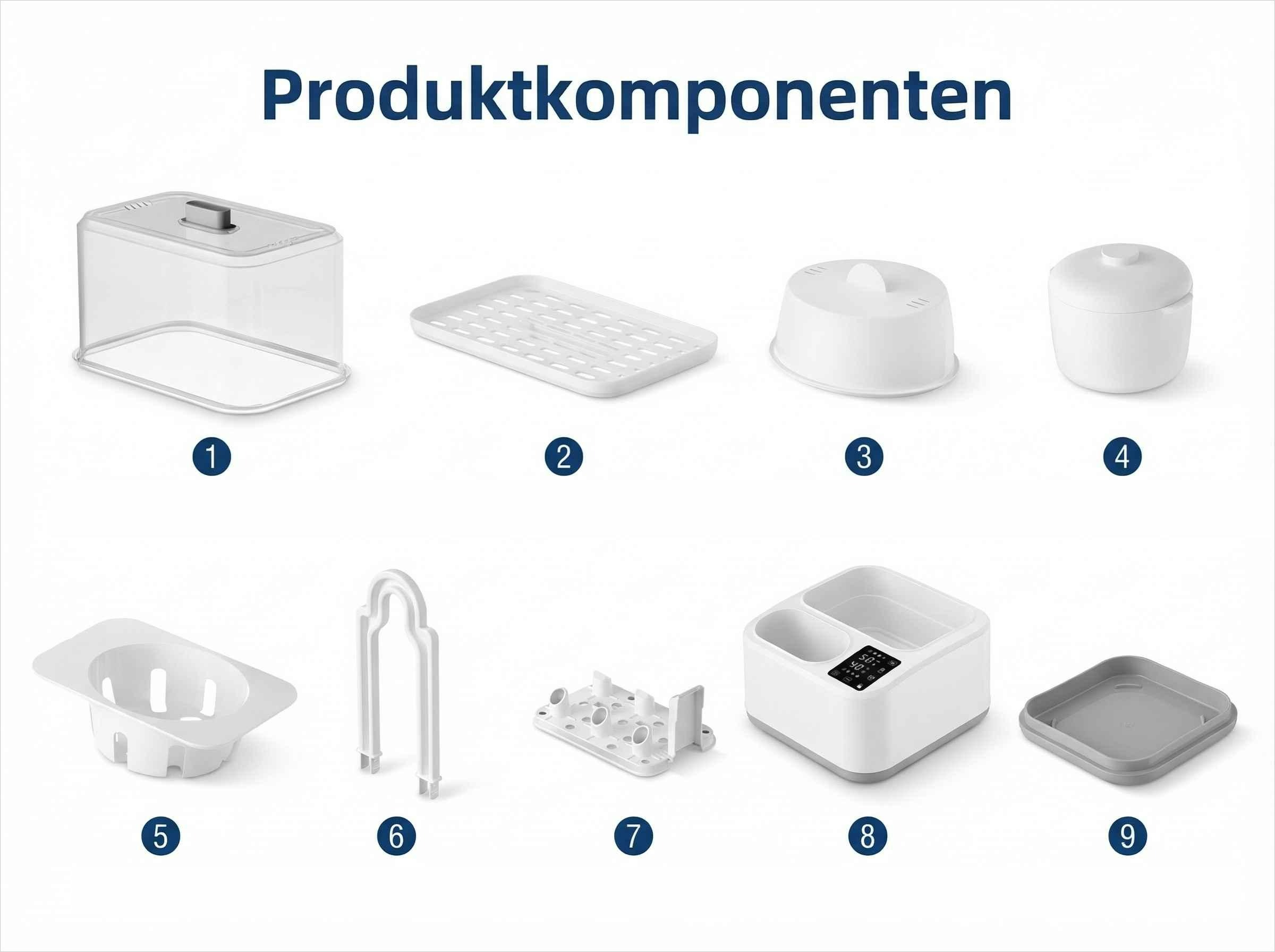 Produktkomponenten: 1 Glasglocke, 2 Abtropfschale, 3, 4 Behälter.