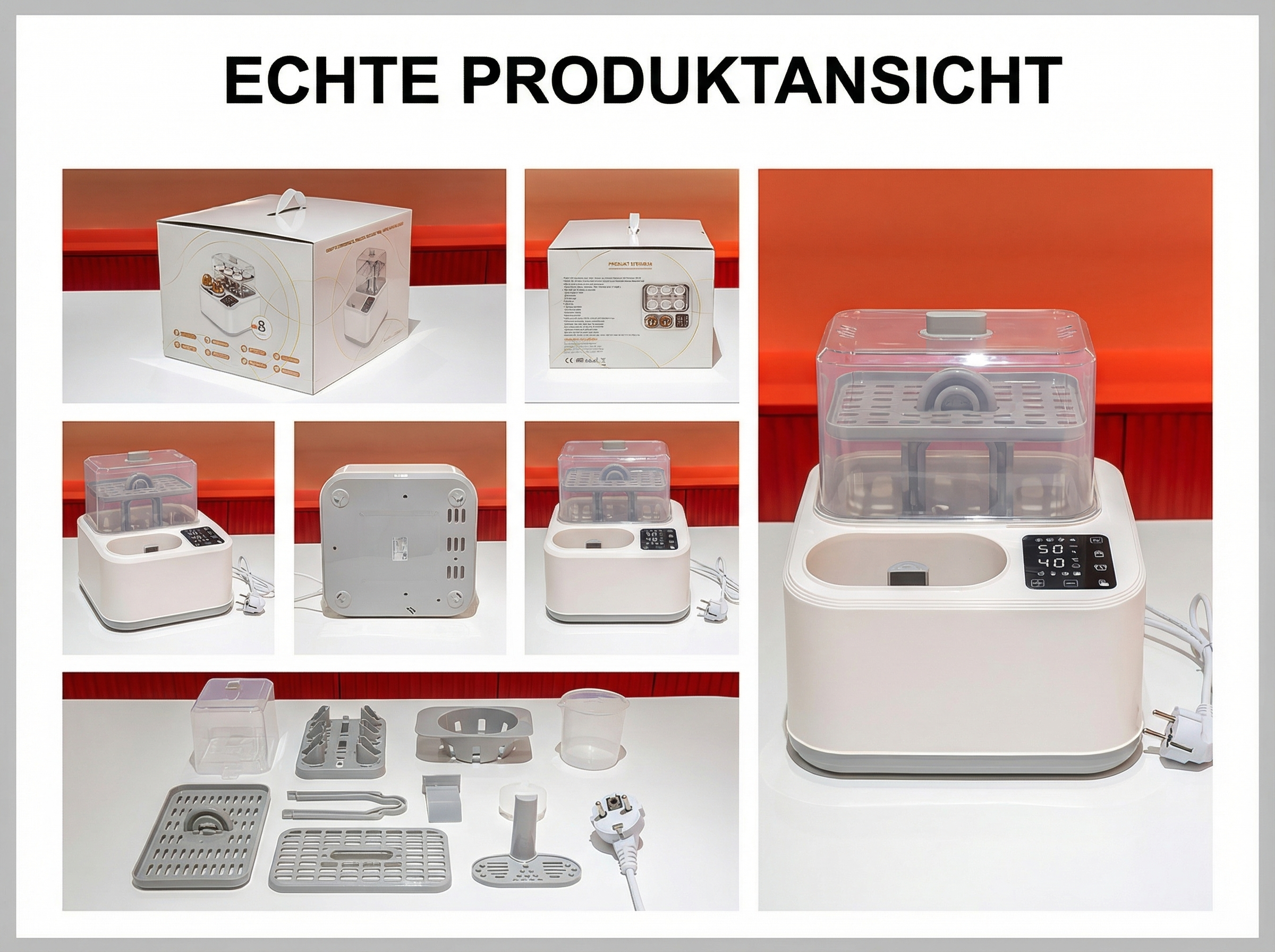 Ein weißer Flaschensterilisator mit transparentem Deckel und Zubehörteilen.