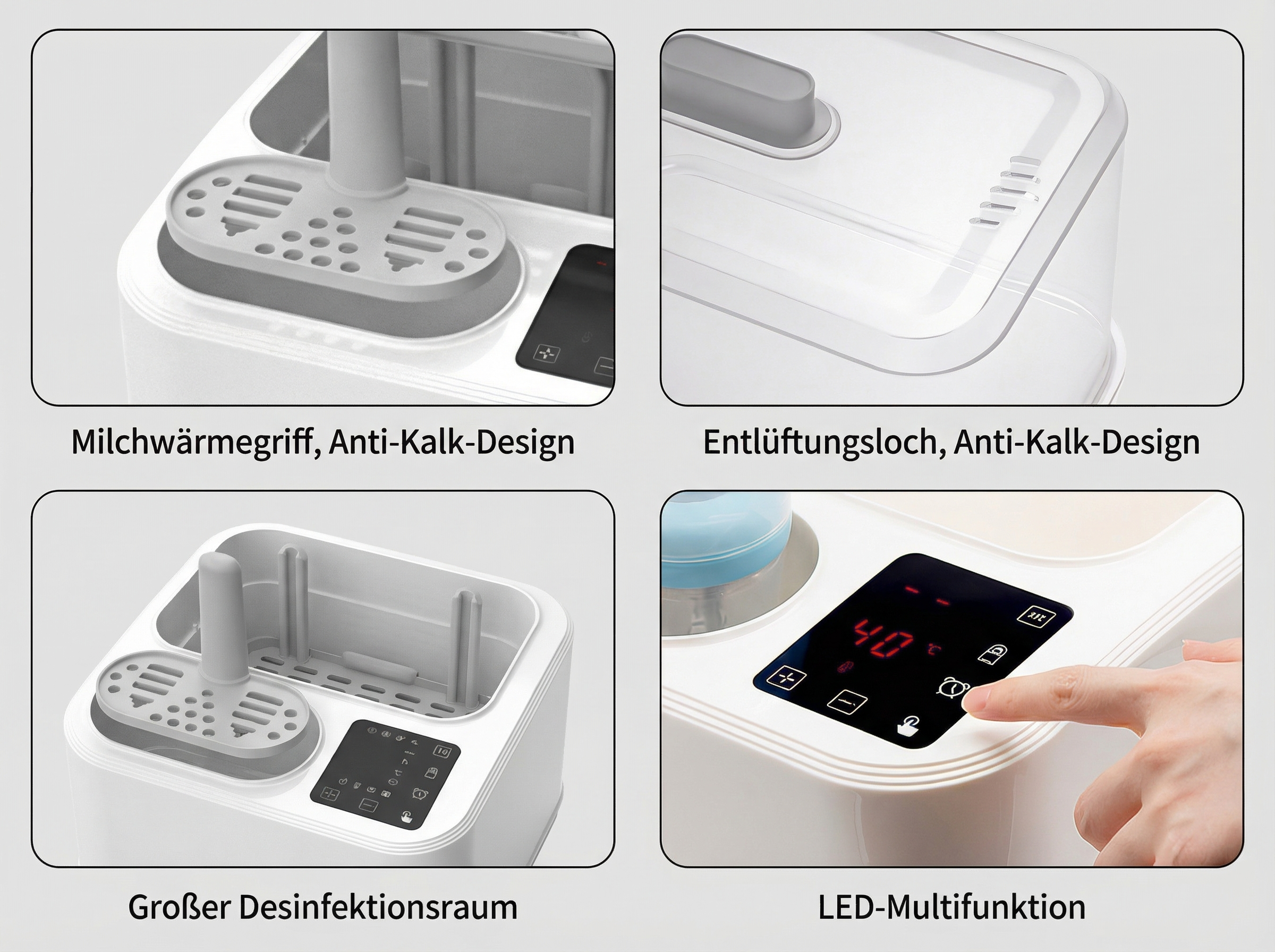 Babyflaschenwärmer mit LED-Display, Abtropfgestell und großem Desinfektionsraum.