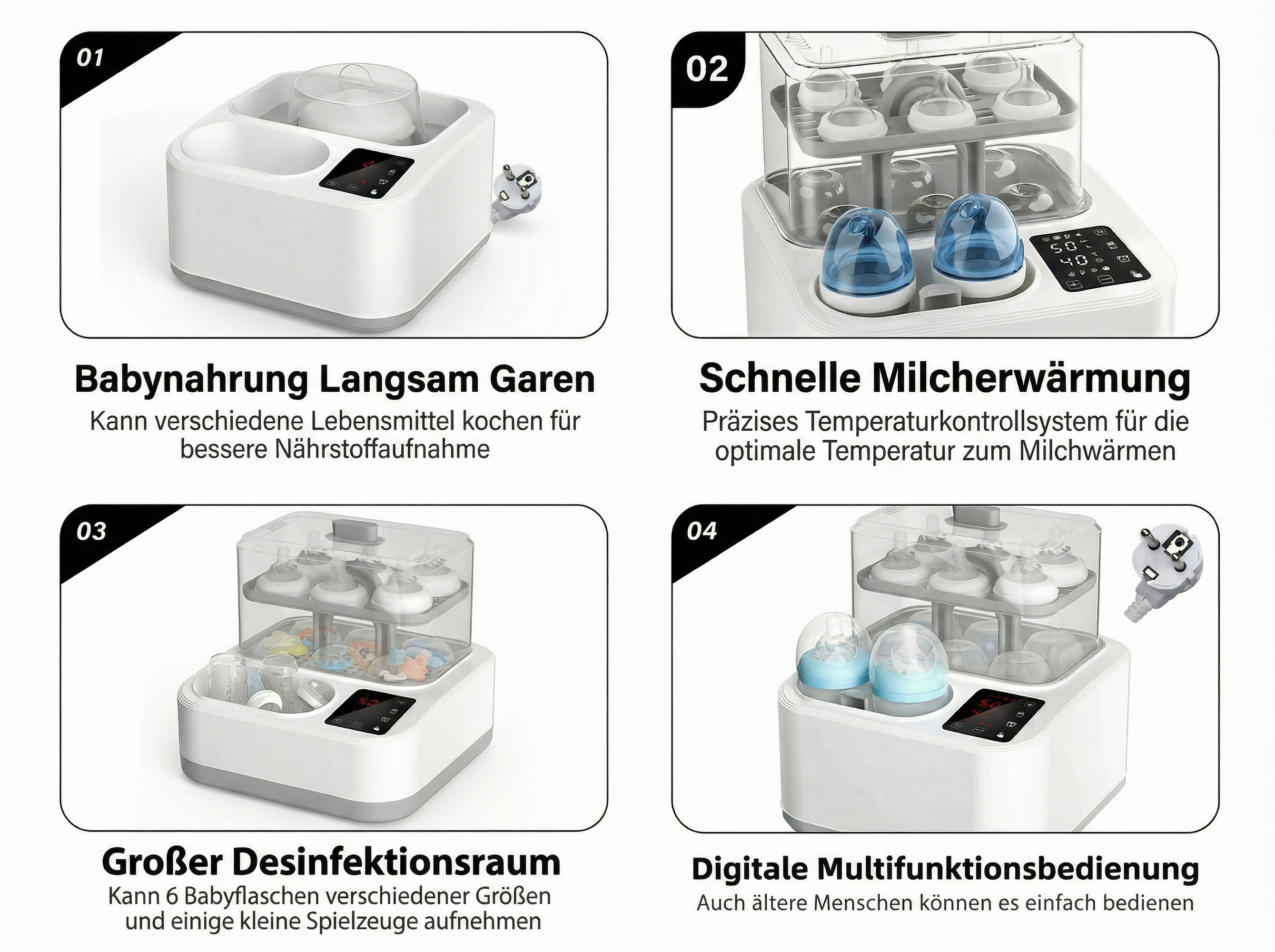Ein weißer Dampfgarer für Babynahrung mit digitaler Anzeige und Steckernetzteil.