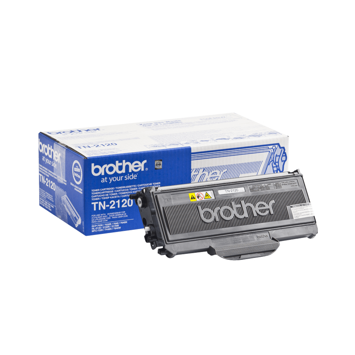 Czarny toner Brother TN-2120 obok pudełka.