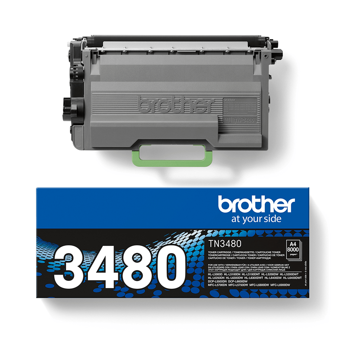 Grauer Brother TN-3480 Toner und Verpackung mit blauer Banderole.